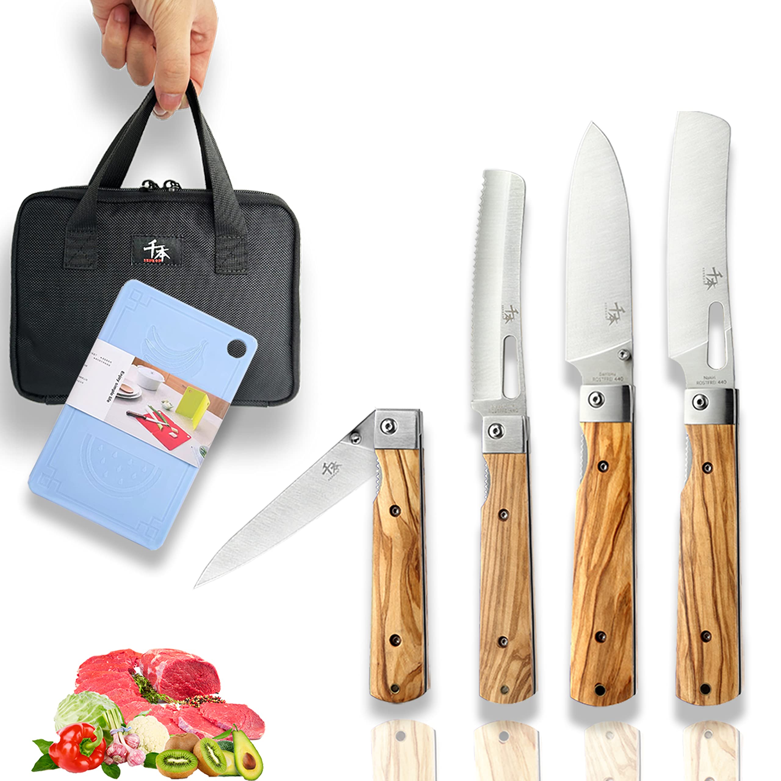 Premium 4-Piece Japanese Chef Knife Set - 440A Stainless Steel, Sharp Folding Pocket Knives with Natural Olive Wood Handle - Ideal for Home Cooking, Camping & Outdoor Adventures