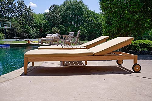 Premium Teak Outdoor Chaise Lounge with Sunbrella Tan Fabric - 4-Position Adjustable Patio Recliner for Poolside, Beach & Garden Relaxation