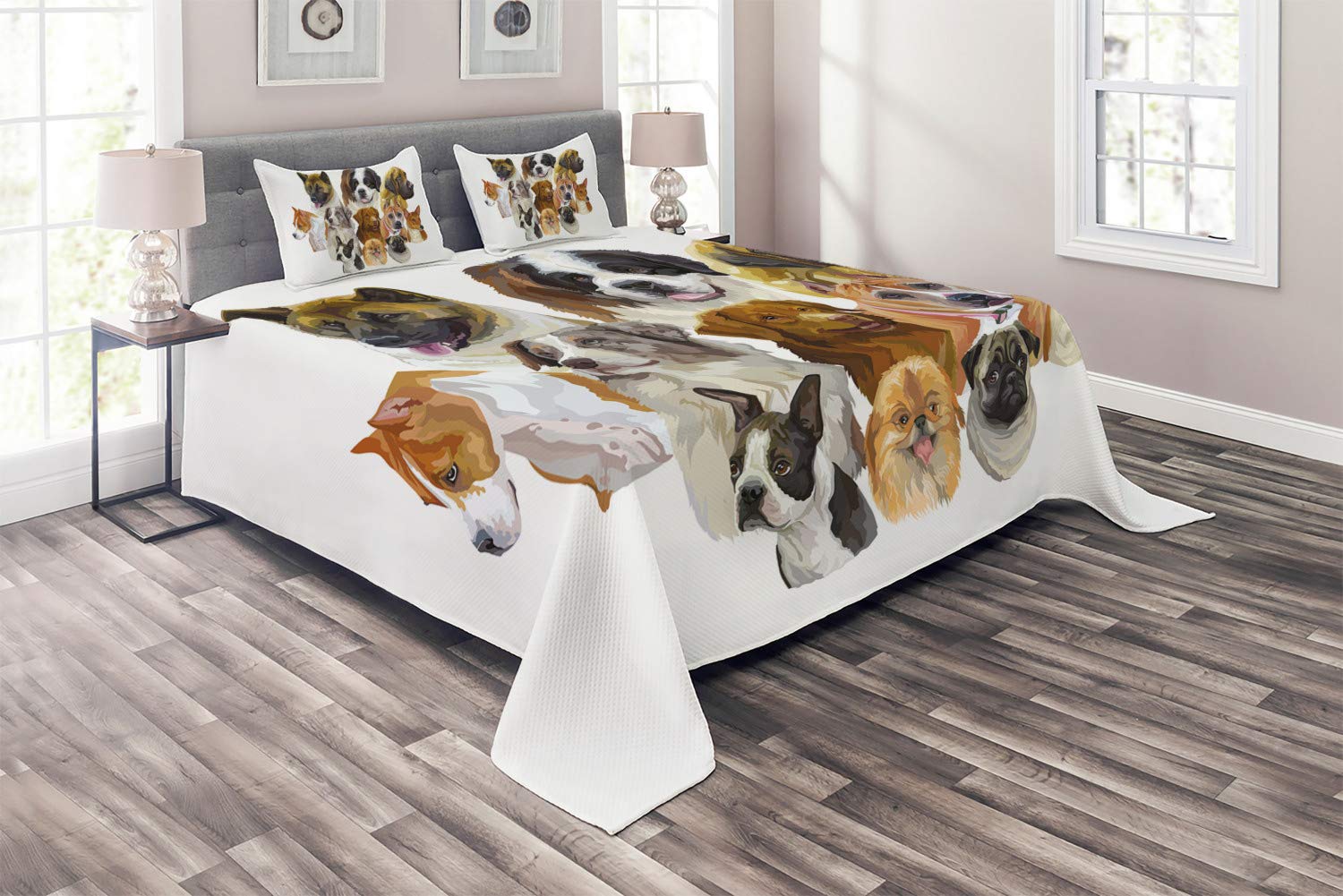 Ambesonne Dog Lover Quilt Set - King Size 3-Piece Bedspread with Pekingese, Pitbull, Basenji, Australian Shepherd & Great Dane Designs | Decorative Quilted Coverlet & 2 Pillow Shams | Perfect for Pet Lovers' Bedroom Decor & Cozy Home Styling