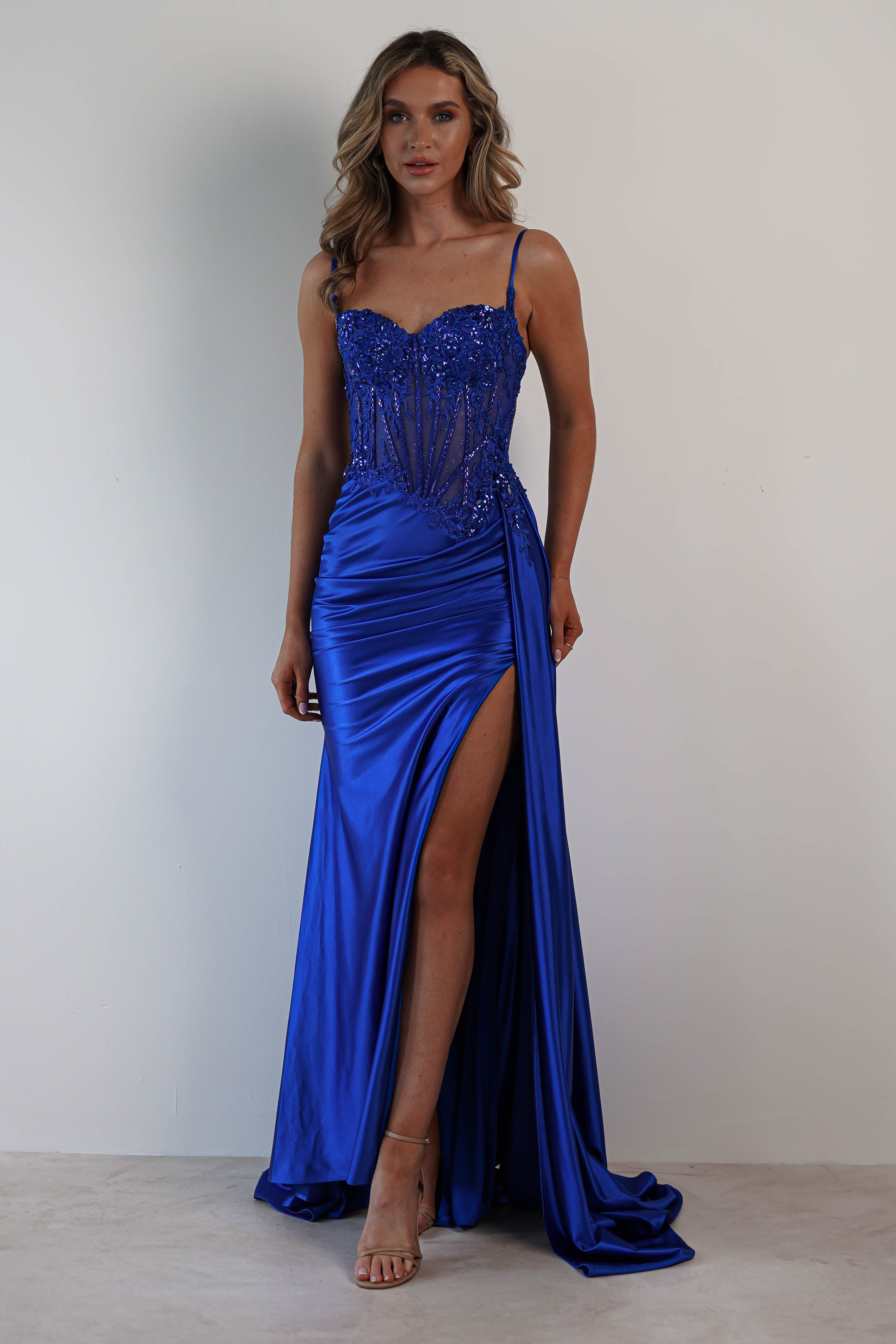 Royal Blue Diva Embellished Corset Gown - Elegant Formal Evening Dress for Prom, Wedding & Special Occasions