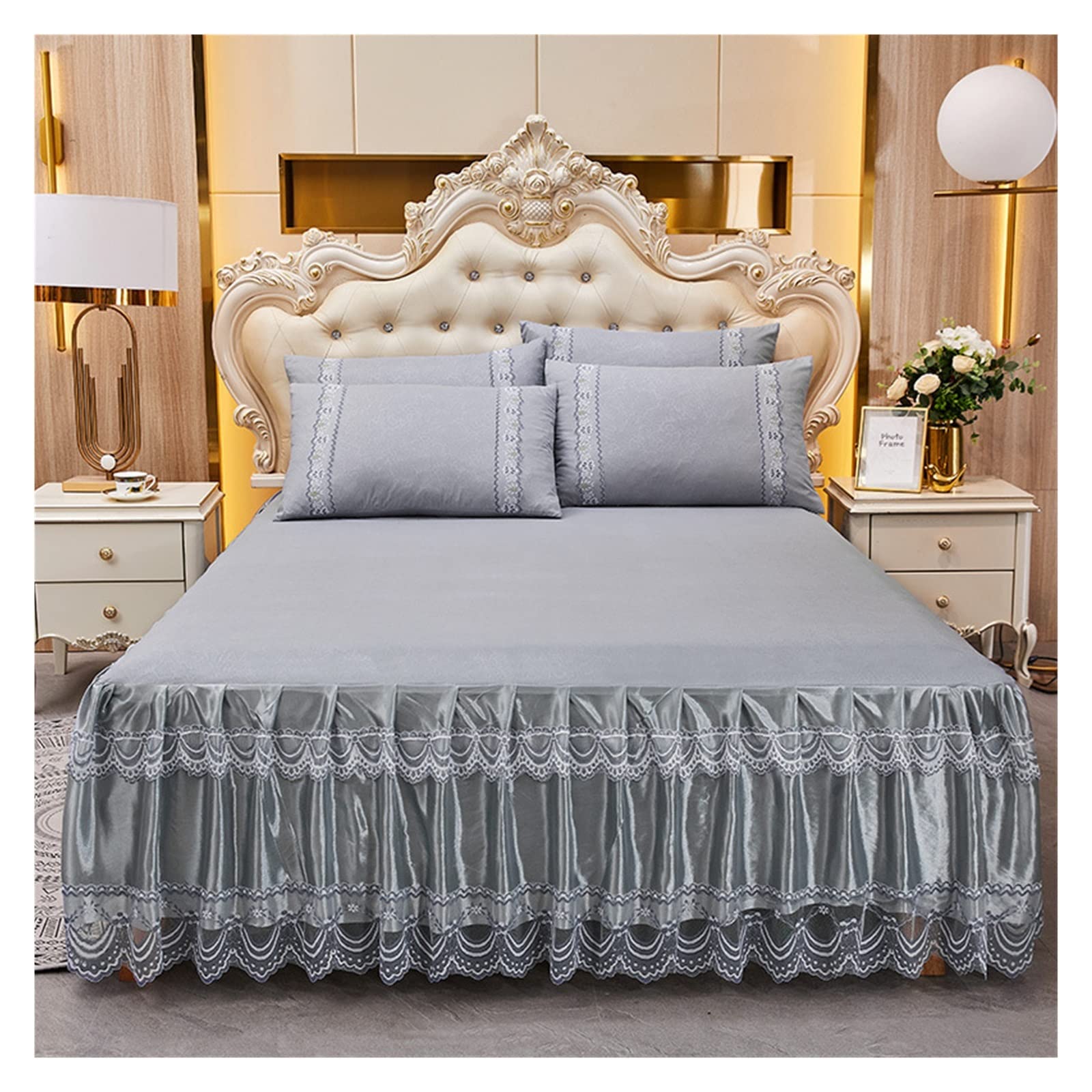 Elegant Ruffled Lace Bed Skirt & Pillowcase Set - King/Full/Twin Size Mattress Cover (180x200cm) - Perfect for Master Bedrooms, Guest Rooms & Luxury Hotel Decor