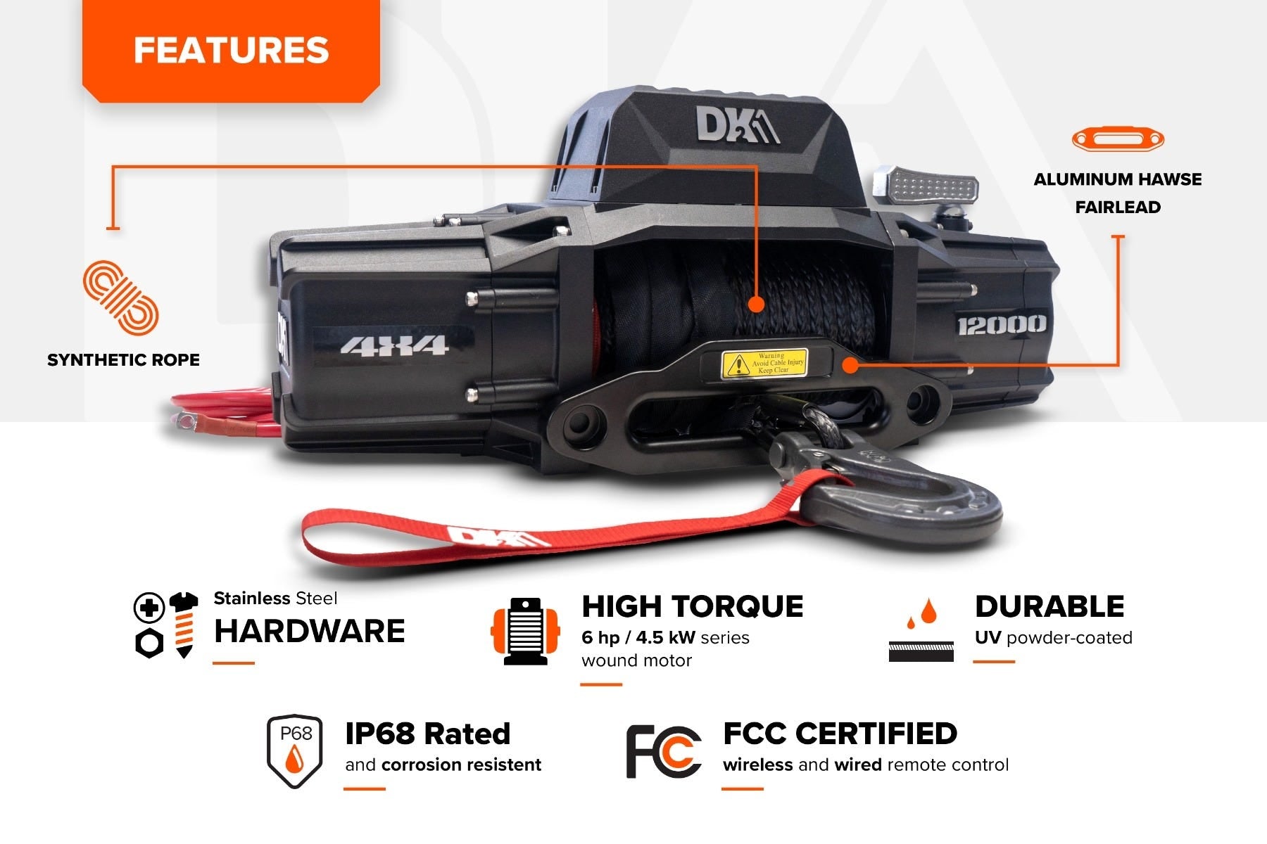 DK2 S12000 SR 12,000 lbs Electric Winch with Synthetic Rope for 4x4 Trucks & Off-Road Vehicles - Heavy Duty Recovery, Towing & Off-Road Adventures