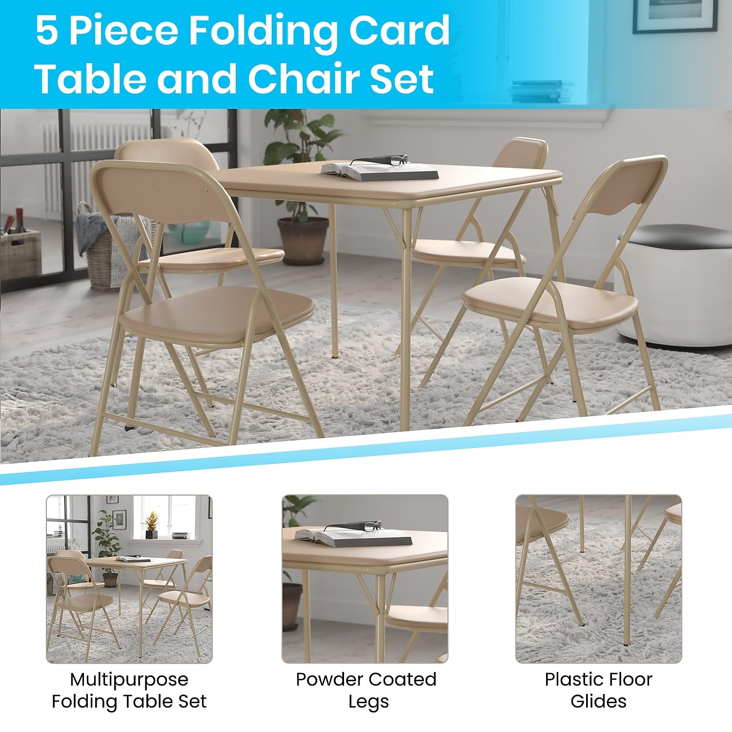 Flash Furniture Madison 5-Piece Folding Card Table and Chairs Set - Portable Indoor Outdoor Game Table with Tan Vinyl Top - Perfect for Poker Nights, BBQs, Picnics & Family Gatherings