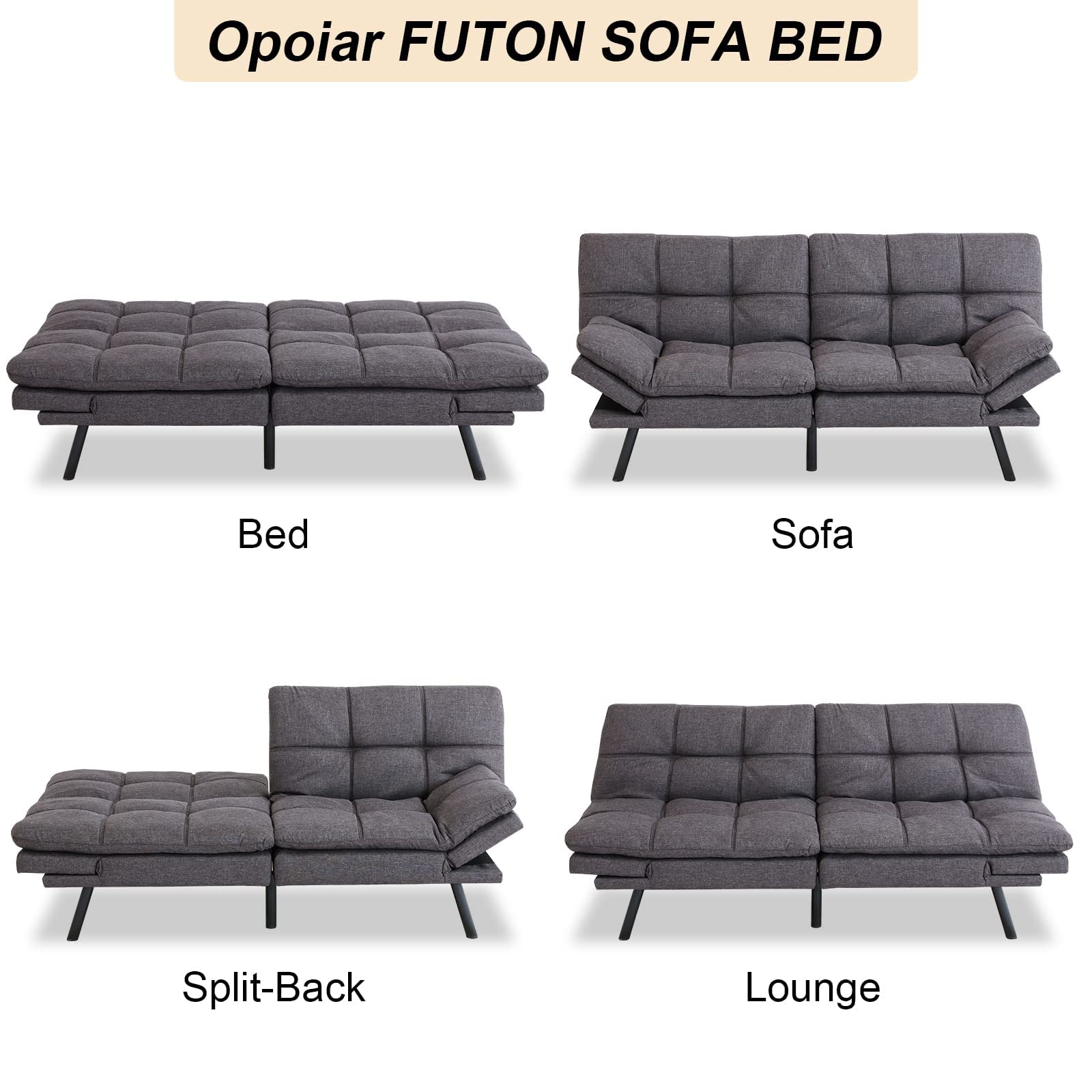 Opoiar Convertible Memory Foam Sleeper Sofa Bed - Adjustable Modern Loveseat & Futon Set for Small Spaces - Grey Sofabed for Compact Living Rooms, Apartments, Dorms & Guest Rooms | Perfect for Studio Apartments, Home Offices & Cozy Movie Nights