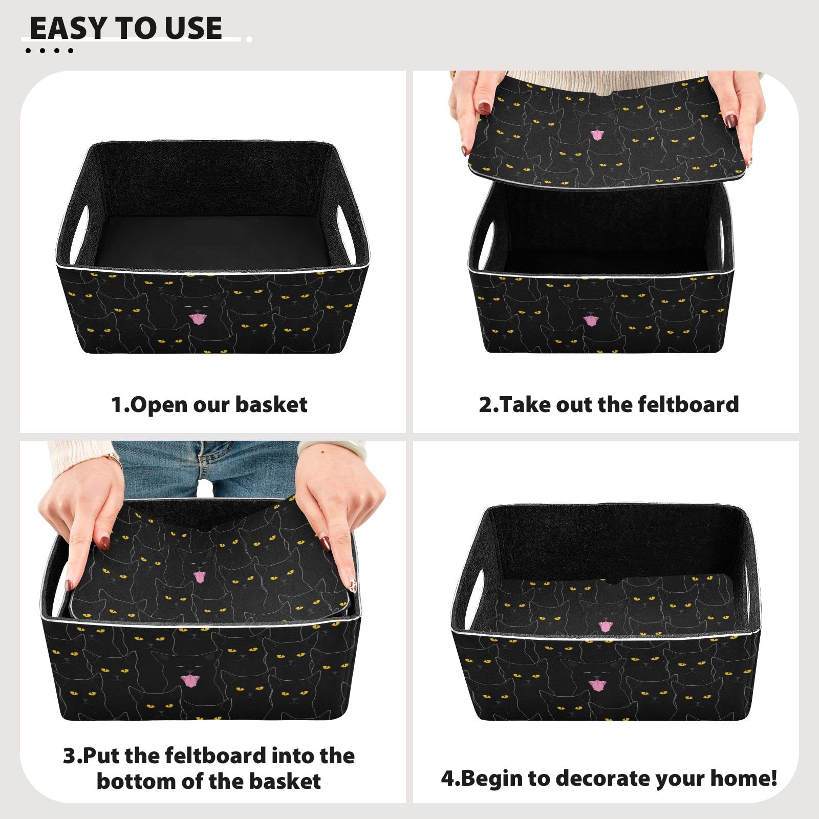 Black Cats Felt Storage Bins Set of 2 - Collapsible Fabric Bins with Dual Handles for Closet, Nursery, Office & Laundry Organization | Perfect for Toys, DVDs, Baby Essentials & Home Storage