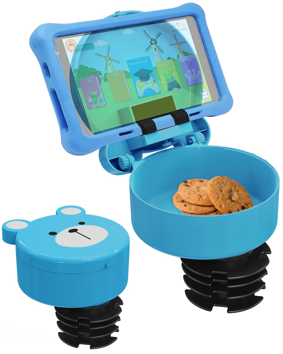 SEVEN SPARTA Adjustable Kids Car Seat Tray with Bear Lid - Tablet & Phone Holder, Snack Tray & Cup Holder - Perfect for Family Travel, Road Trips & Long Car Rides - Car Seat Organizer Accessories (Blue)