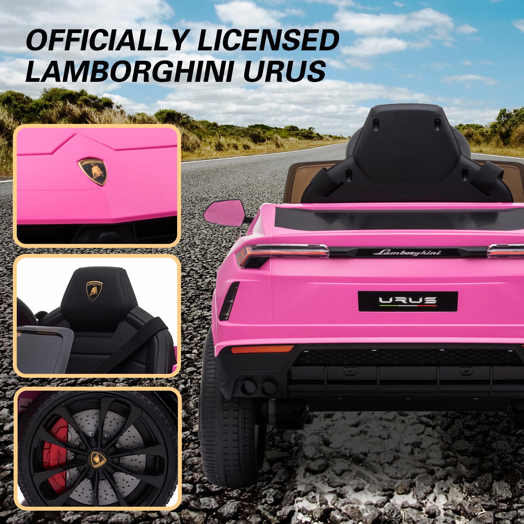 Licensed Lamborghini Urus 12V Electric Ride-On Car for Kids - Remote Control, LED Headlights, Music & 2 Speed Modes - Pink Battery-Powered Toy Truck for Boys & Girls | Perfect for Birthday Gifts, Outdoor Play & Driveway Fun