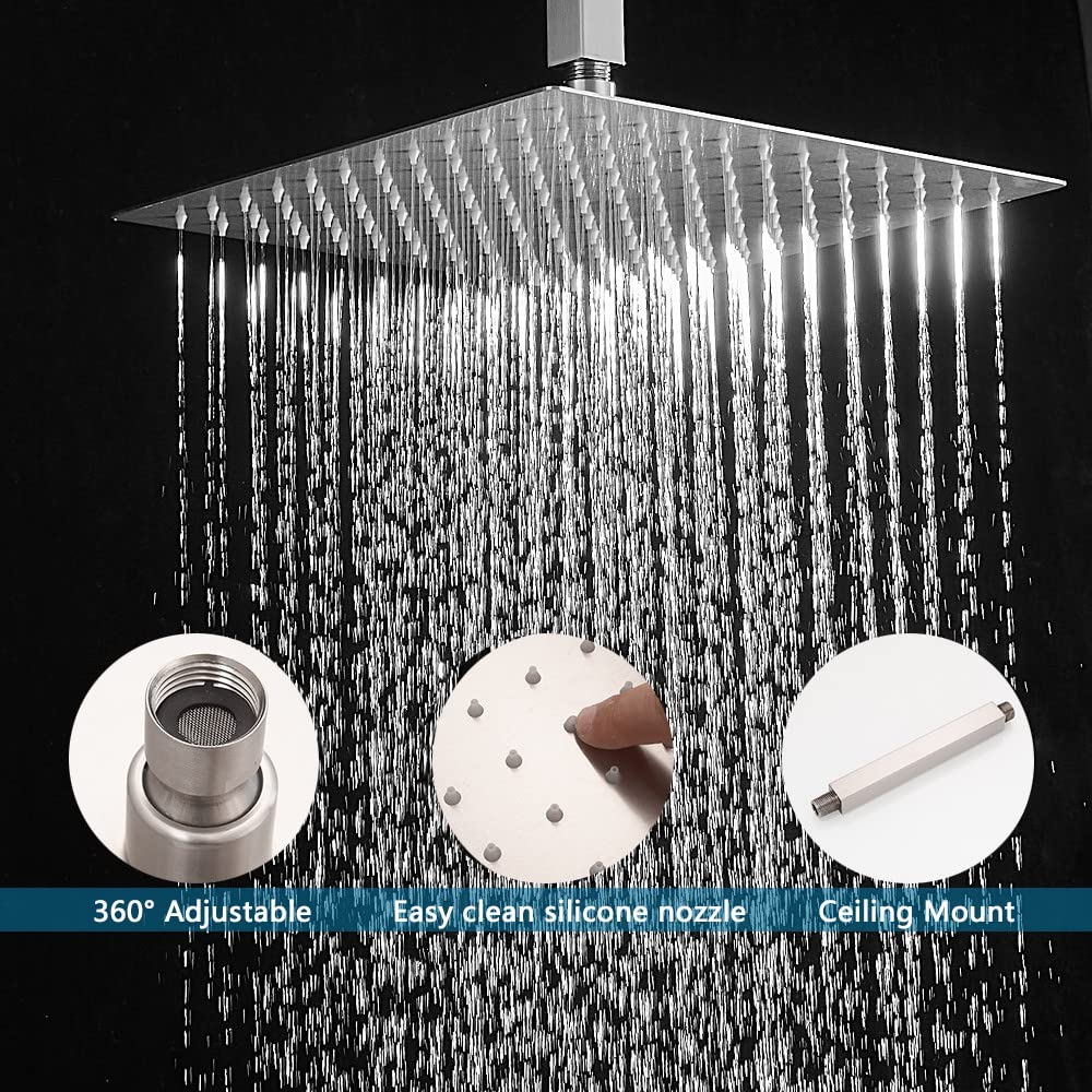 12 Inch Brushed Nickel Ceiling Mount Luxury Rain Shower System - Complete Bathroom Shower Combo Set with Rainfall Shower Head, Faucet, Rough-in Valve & Trim Kit for Spa-Like Experience