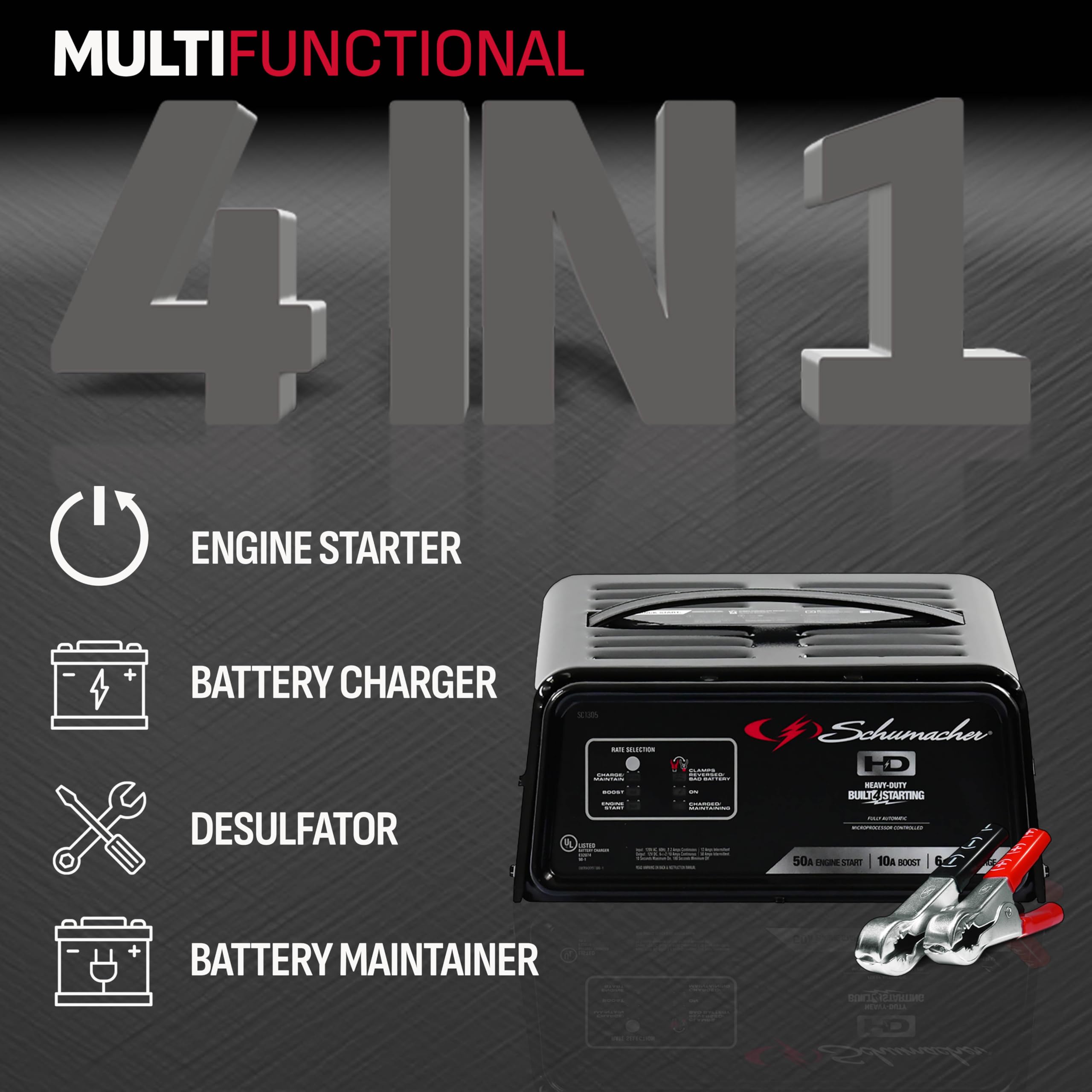 Schumacher SC1305 4-in-1 50 Amp 12V Fully Automatic Battery Charger & Engine Starter for Cars, SUVs, Trucks & Marine Batteries - Perfect for Emergency Jump Starts & Winter Battery Maintenance