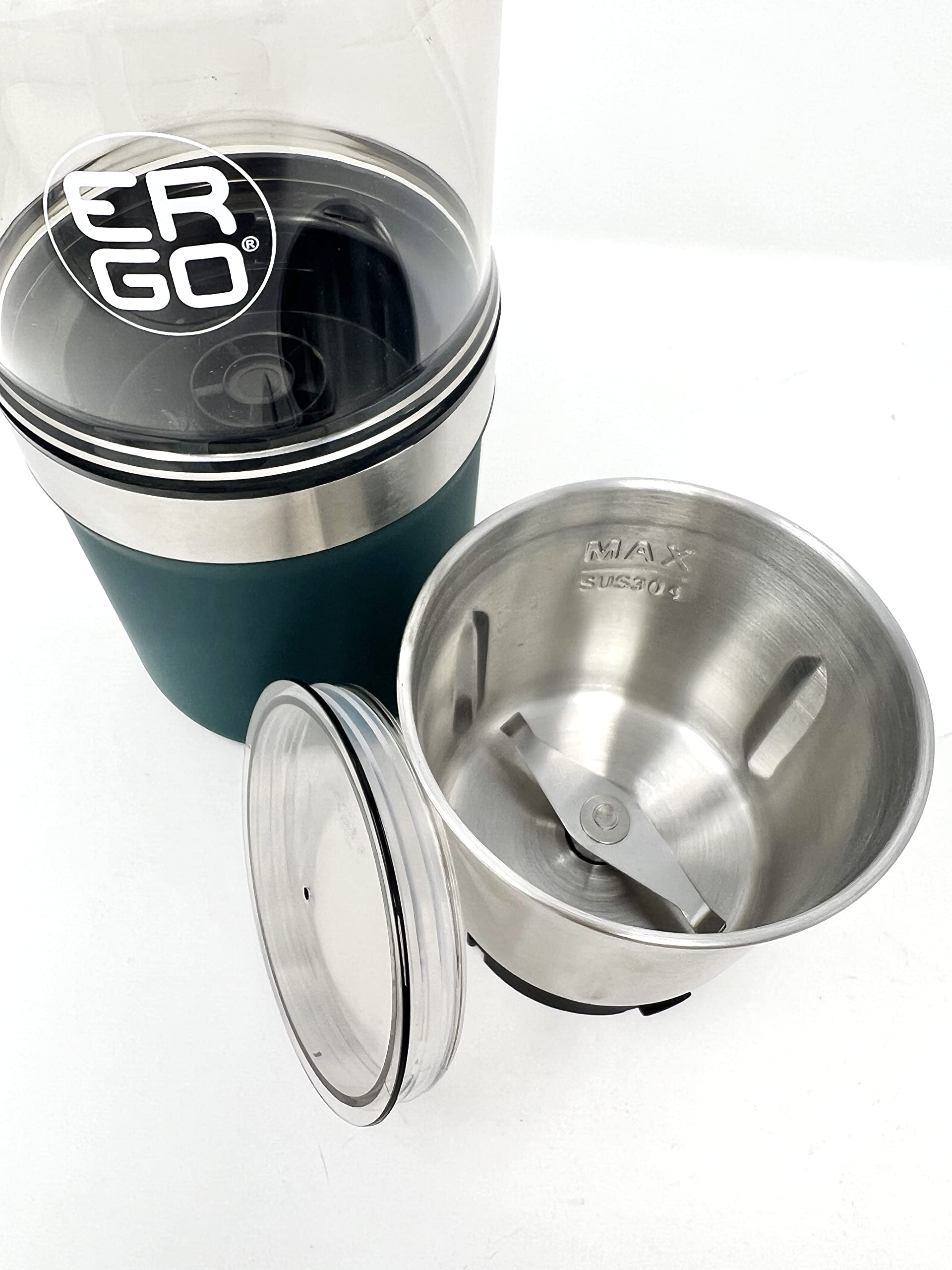 Premium ERGO Electric Herb Grinder - Large Capacity Stainless Steel with Removable Washable Cup & Airtight Lid - Perfect for Grinding Herbs, Spices & Tea Leaves - Includes Pollen Brush - Ideal for Home Kitchen, Camping & Travel Use