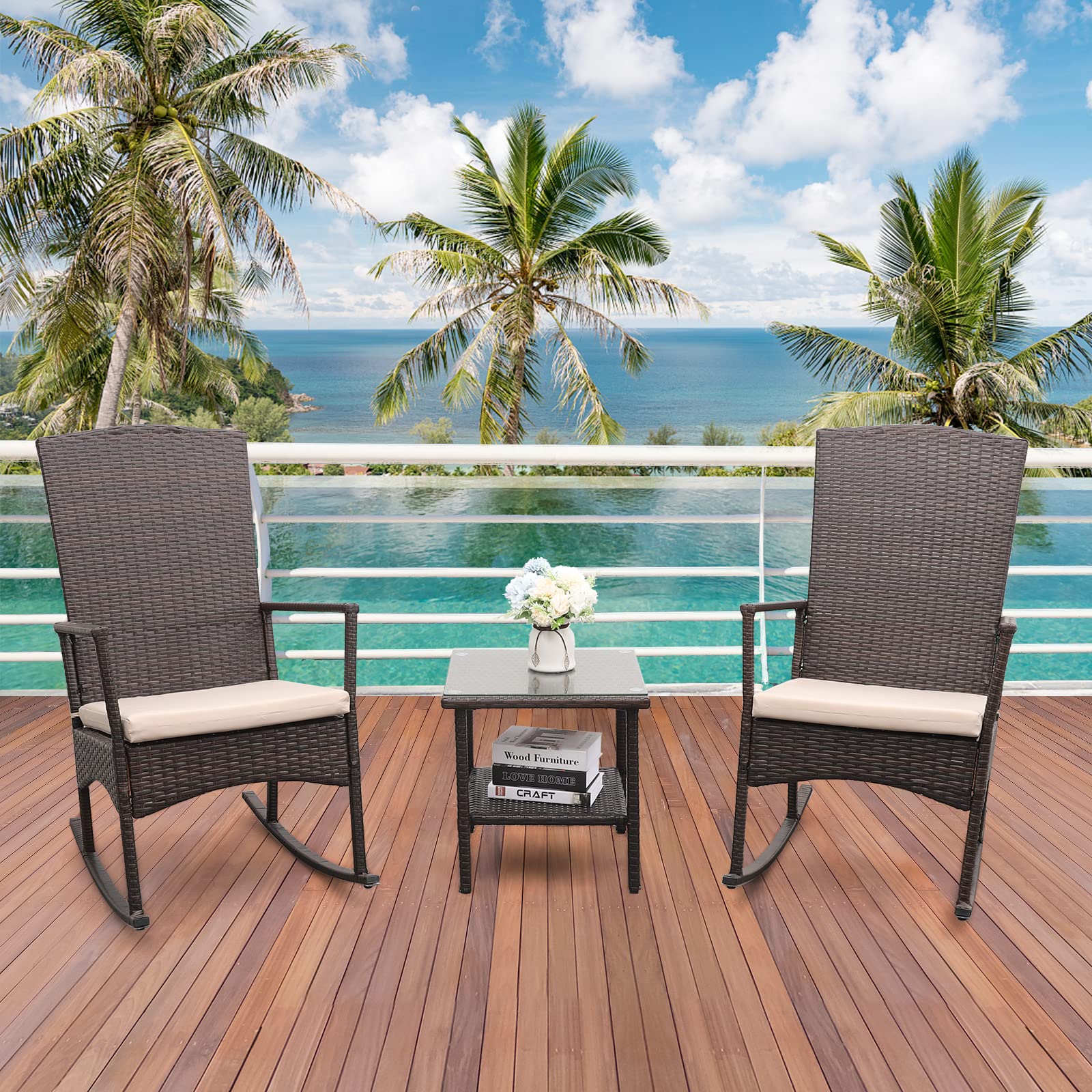 Outdoor PE Wicker Rocking Chair Set - 3-Piece Patio Furniture with 2 Rocking Armchairs & Glass Coffee Table, Washable Rattan Cushions (Khaki) - Perfect for Garden, Porch, and Backyard Relaxation