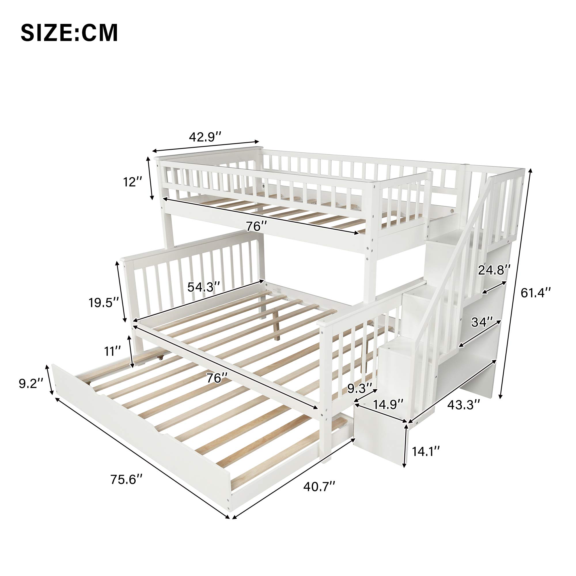 Twin Over Full Bunk Bed with Trundle & Storage - Solid Wood Bunk Bed Frame with Guardrails & Stairs for Kids, Teens & Adults - Space-Saving Bedroom Solution for Shared Rooms, Guest Rooms & Small Spaces (White, No Box Spring Needed)