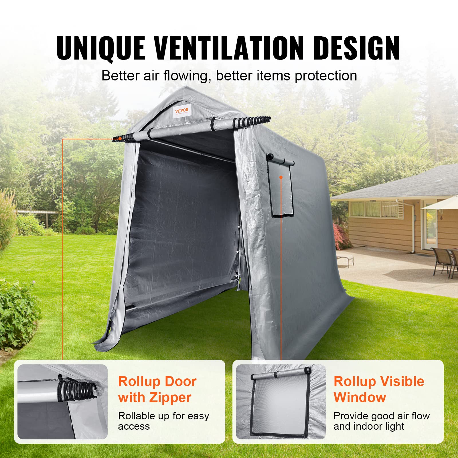 VEVOR 6x8x7 ft Heavy Duty Waterproof Portable Storage Shed Tent - All-Season Outdoor Shelter with Roll-Up Zipper Door & Ventilated Windows for Motorcycle, Bike, Garden Tools - Perfect for Backyard, Garage, and Patio Storage