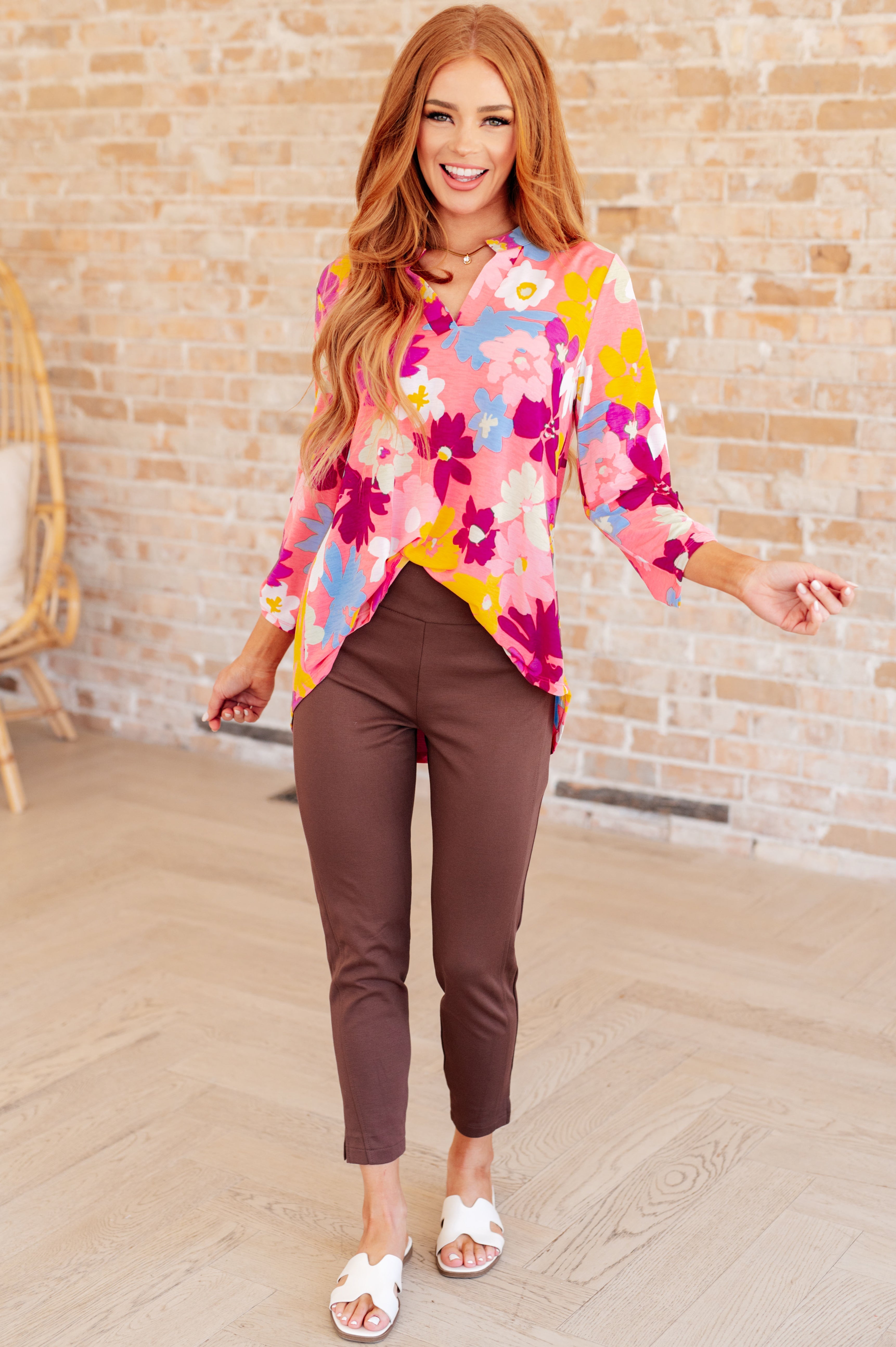 Lizzy Women's Floral Print Blouse in Coral & Magenta - Elegant Summer Tops for Office, Date Night & Casual Outings
