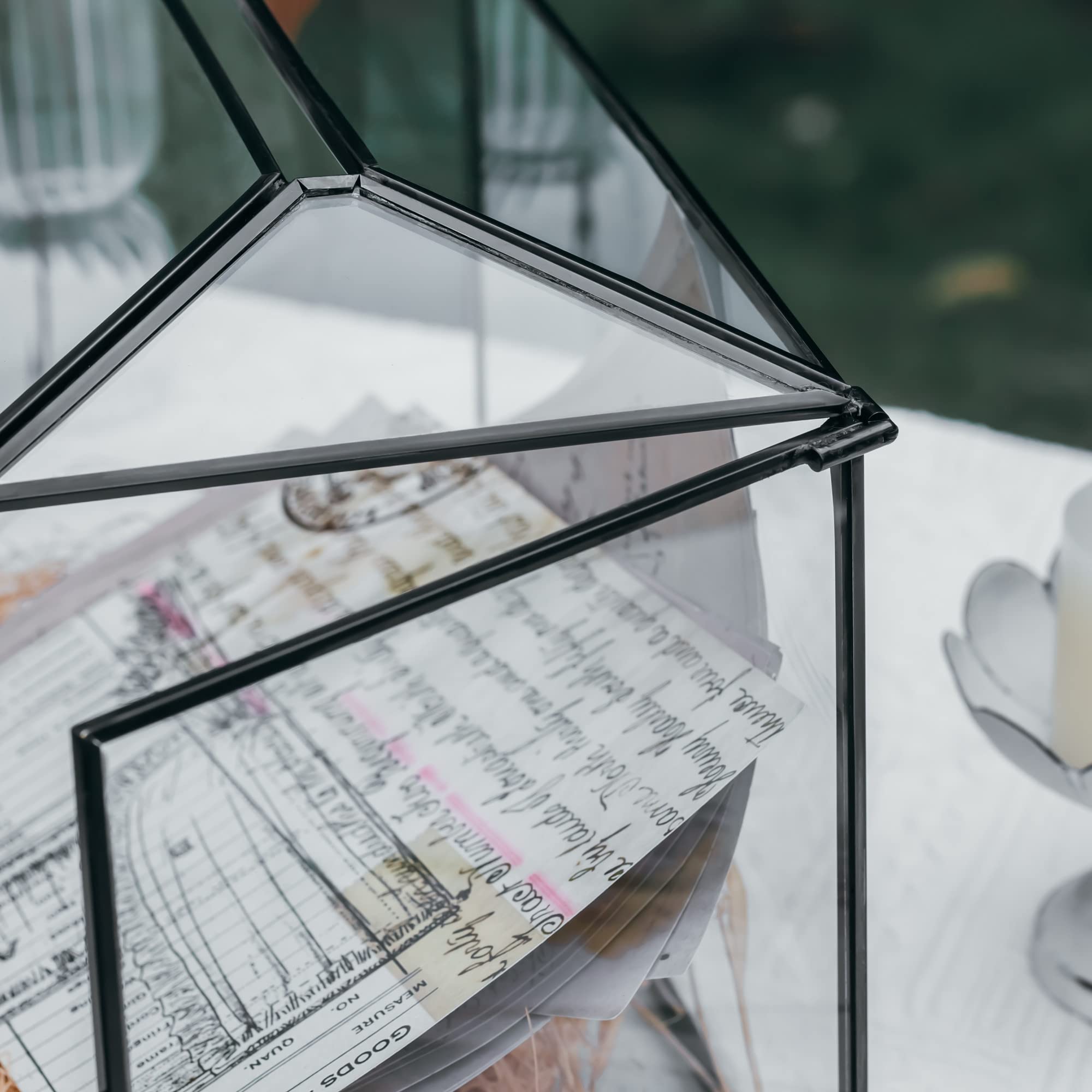 Elegant Black Geometric Glass Cards Box with Slot & Lock - 10.2x5.9x7.9 Inch Handmade Wedding Wishing Well Terrarium - Perfect for Birthday Parties, Reception Decor & Gift Card Holder (Glass Box Only)
