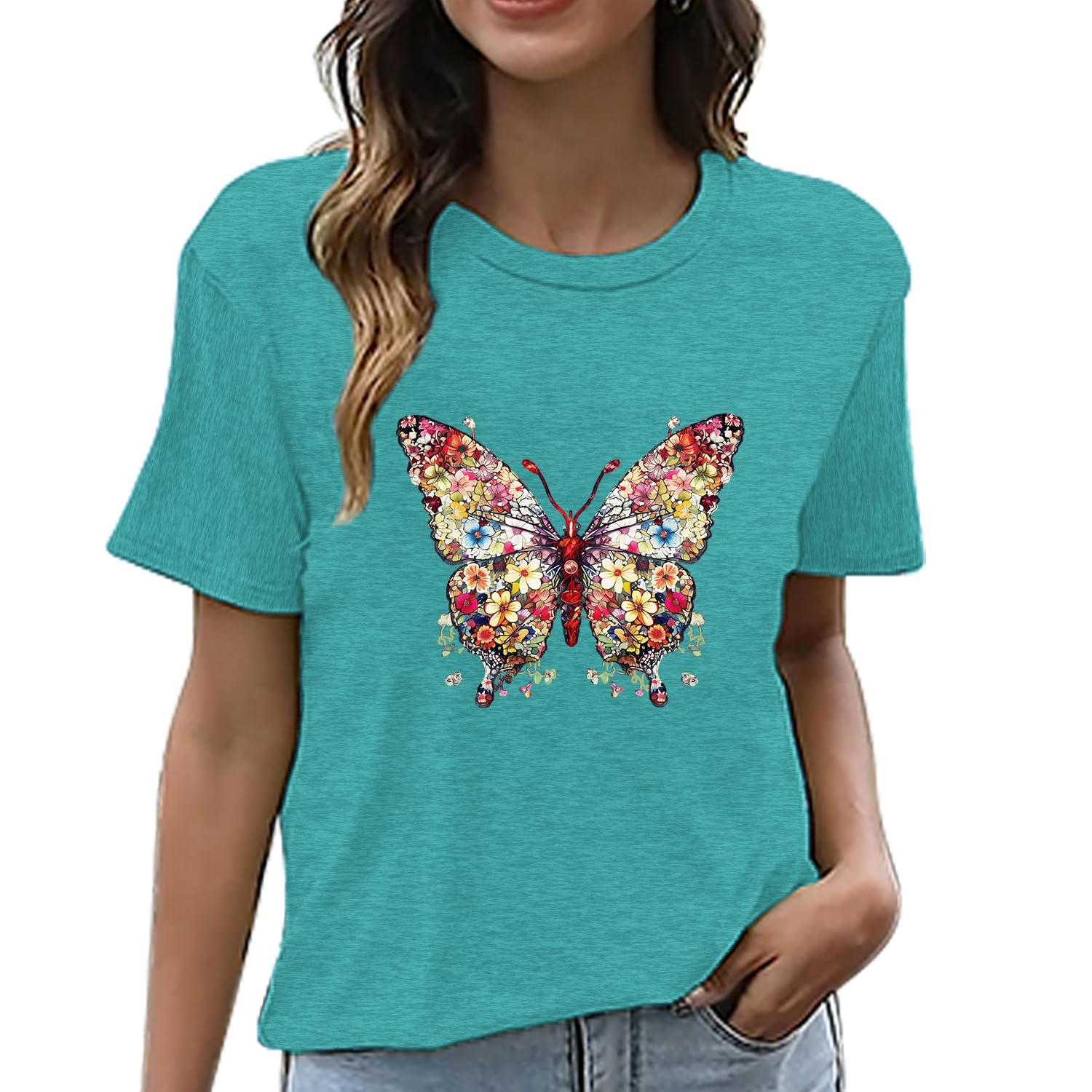 Women's Butterfly Print T-Shirts - Floral & Insect Lover Casual Short Sleeve Tops for Summer Outfits & Nature Enthusiasts