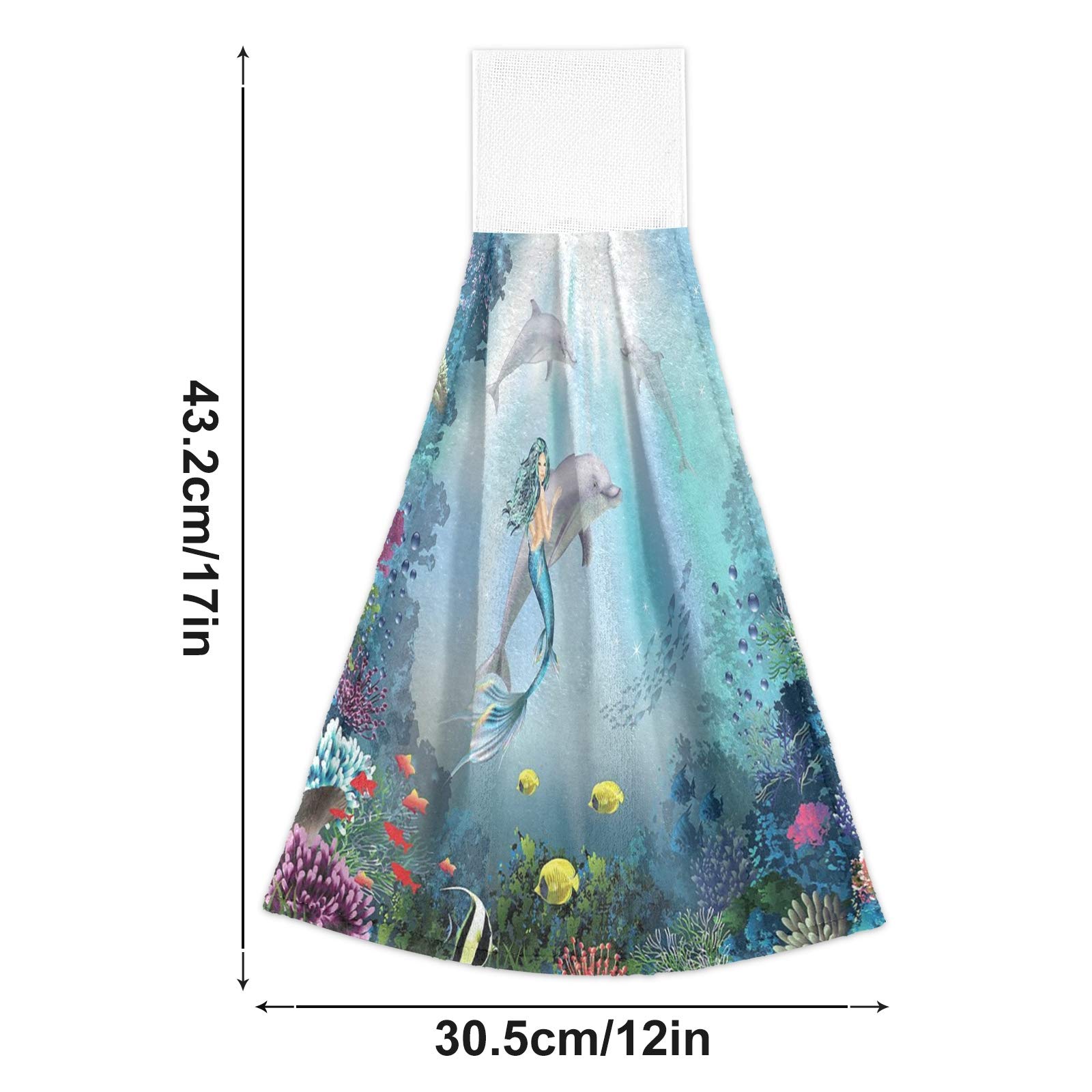 Dolphin & Mermaid Themed Kitchen Hand Towels Set of 2 - Absorbent Hanging Dishcloths with Loops for Kitchen, Bathroom, and Beach House Decor | Ocean Sealife Fish Design