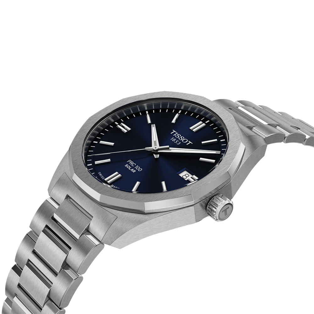 PRC 100 Solar Quartz 39mm Blue Dial Men's Watch with Stainless Steel Bracelet - Perfect for Outdoor Activities, Business Meetings & Everyday Wear