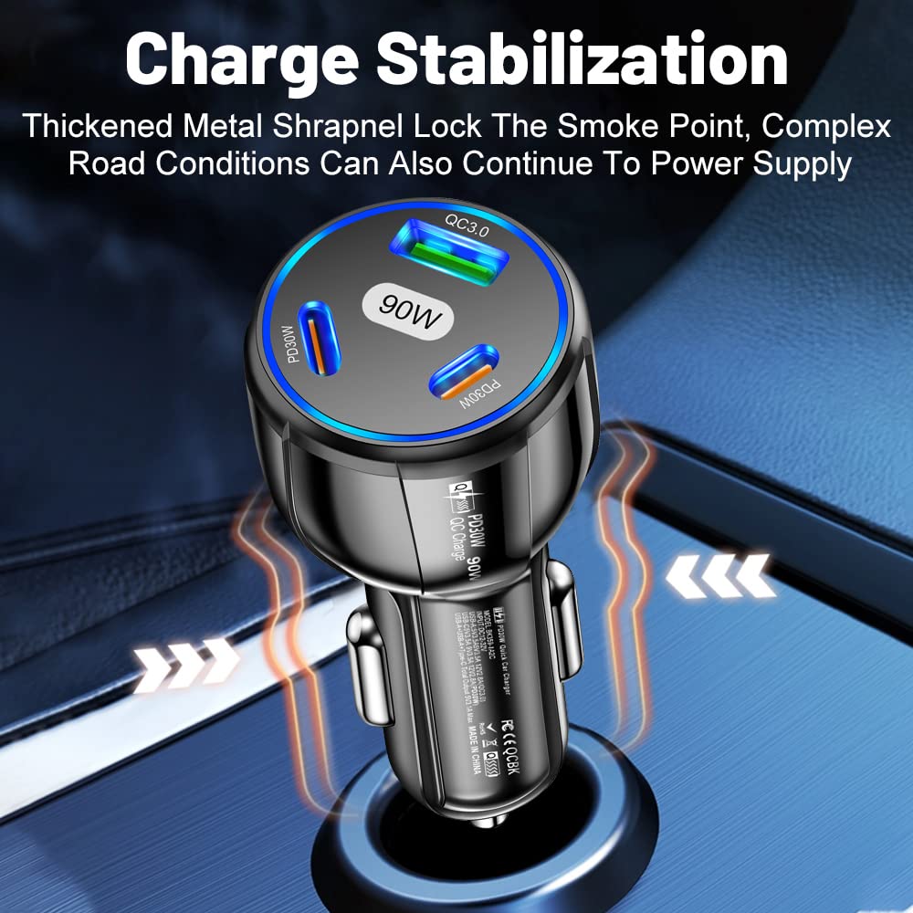 90W USB C Car Charger with QC3.0 & PD30W Fast Charging - 3-Port High Power Cigarette Lighter Adapter for iPhone 15/14/13 Pro Max, Samsung Galaxy, All Smartphones (Black) - Perfect for Road Trips, Commuting & Travel Charging Needs