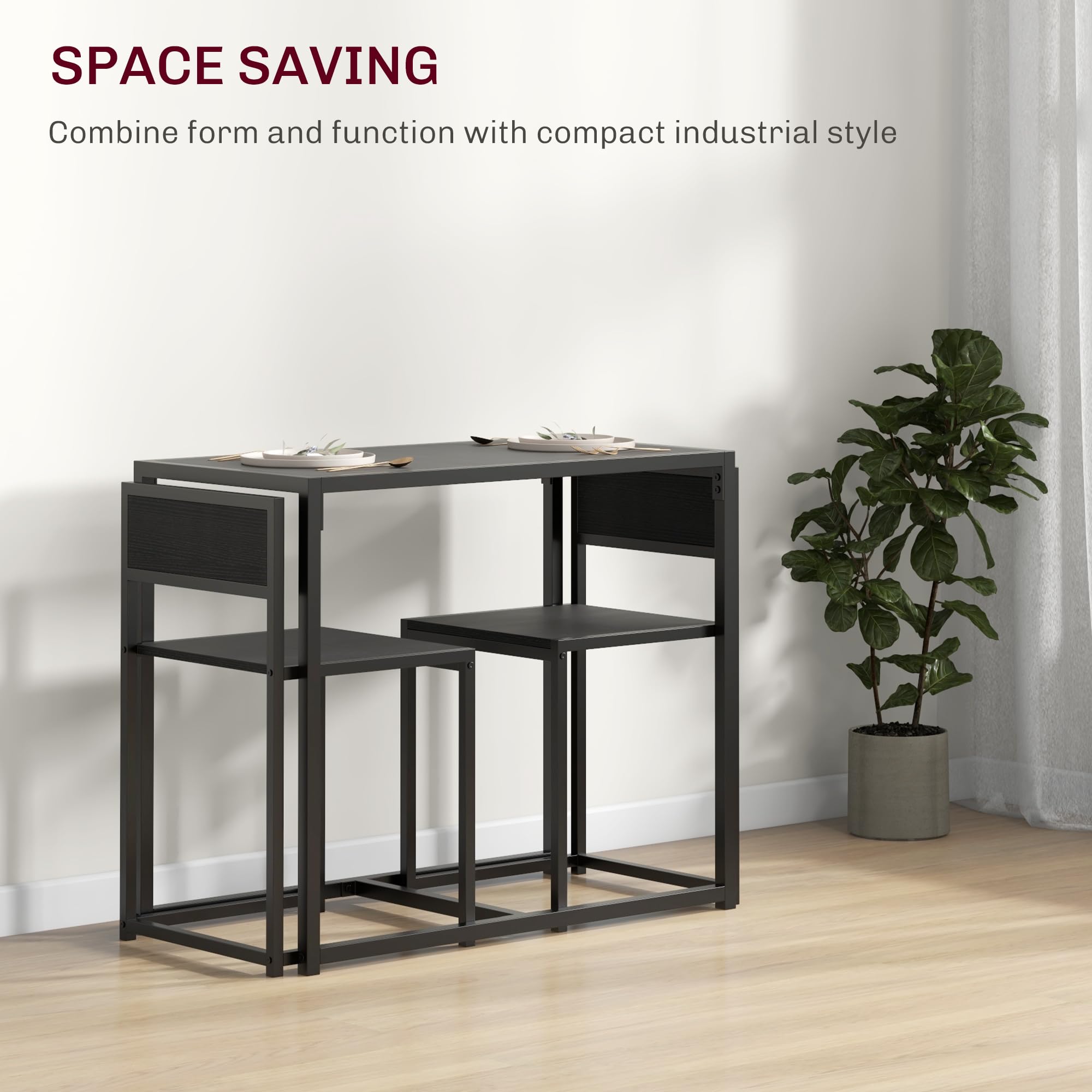 HOMCOM 3-Piece Industrial Dining Table Set for 2, Black Kitchen Table and Chairs, Small Space Dining Room Furniture for Apartments & Breakfast Nooks - Perfect for Compact Homes, Studios, and Cozy Meals