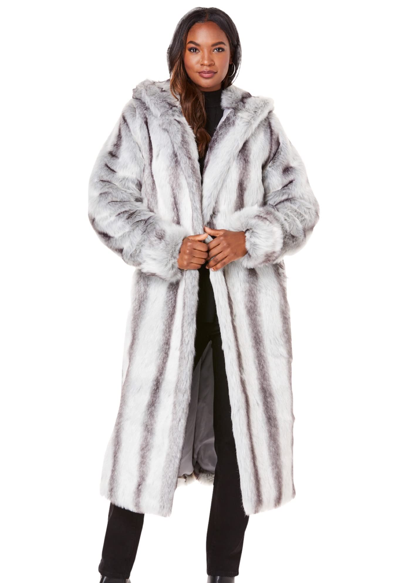Roaman's Women's Plus Size Hooded Long Faux Fur Coat - Warm Winter Jacket for Casual Outings & Outdoor Activities