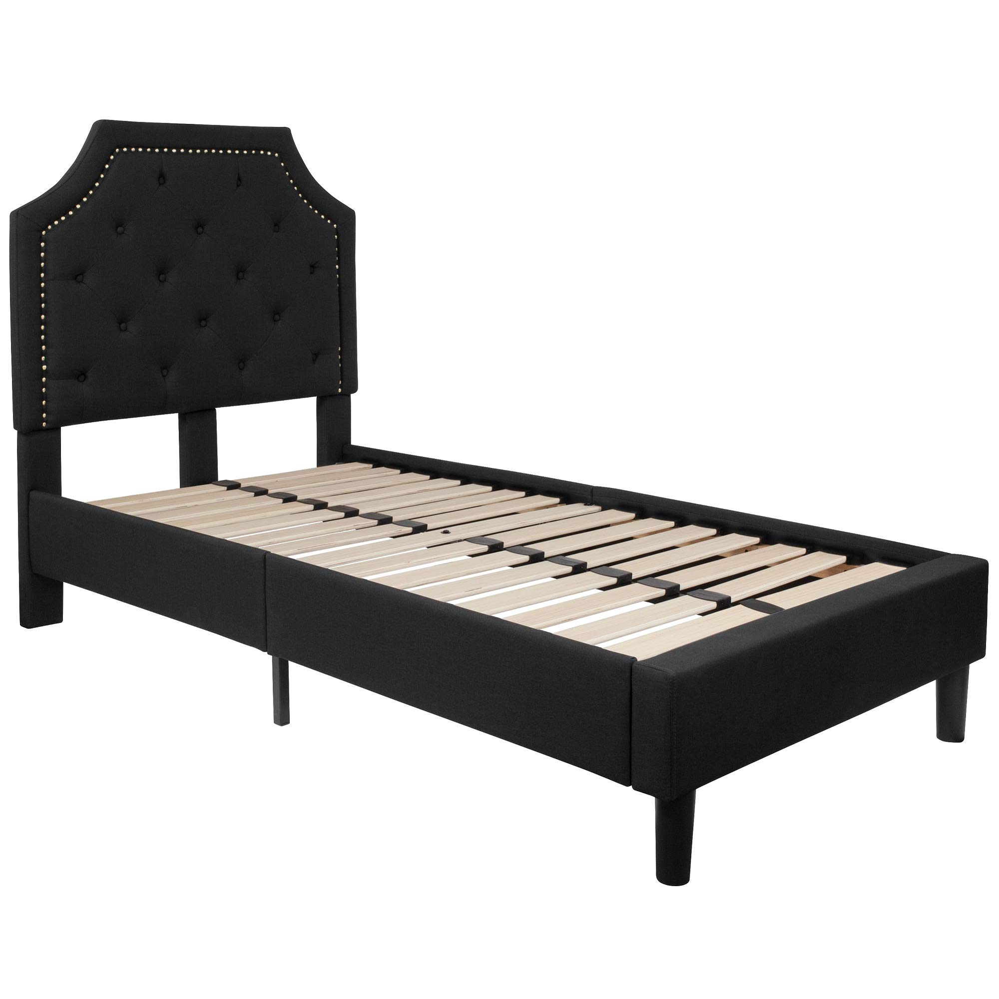 F&F Furniture Group 6.75' Black and Beige Button Tufted Upholstered Platform Bed with Arched Headboard - Twin Size Bed Frame for Kids, Teens & Guest Rooms | Modern Bedroom Furniture for Small Spaces