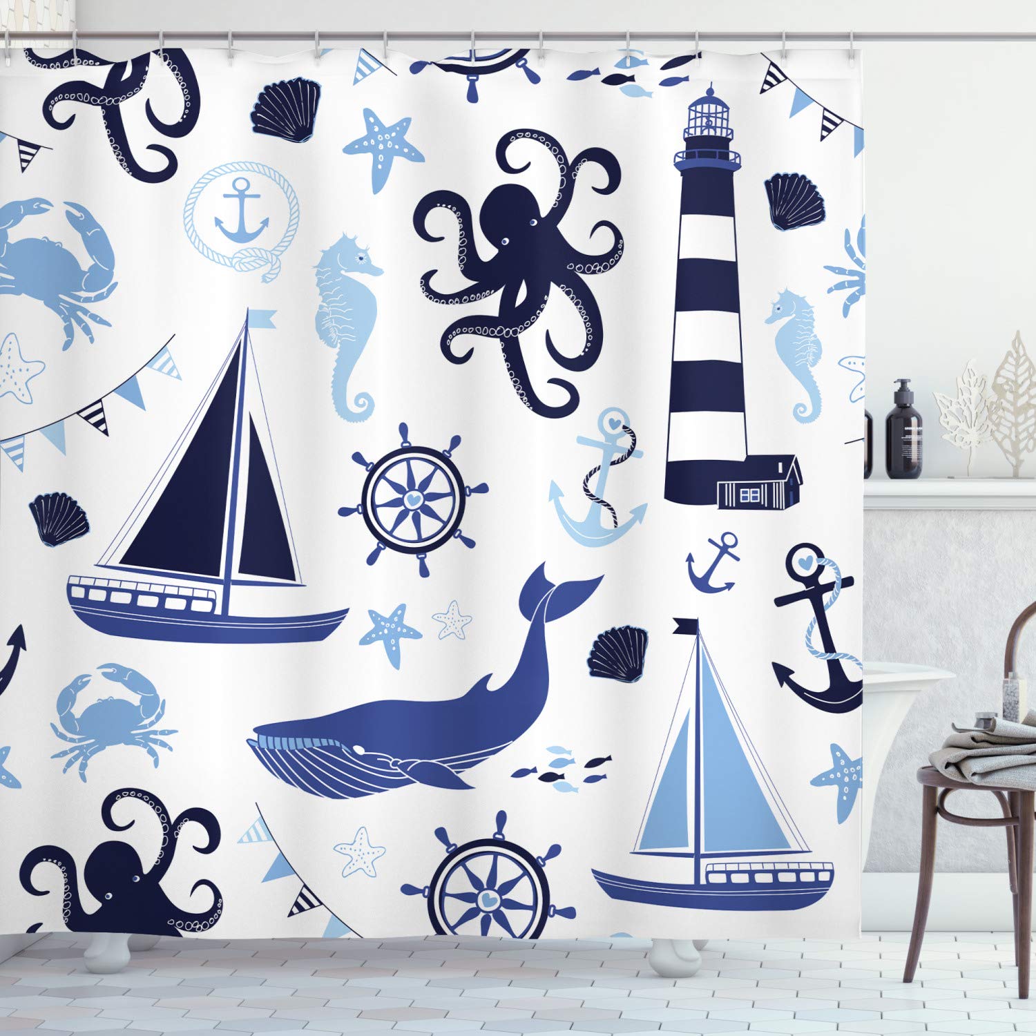 Ambesonne Nautical Shower Curtain - Pastel Blue Lighthouse Sailboat Fish Shells Octopus Design, Waterproof Fabric Bathroom Decor Set with Hooks, 69