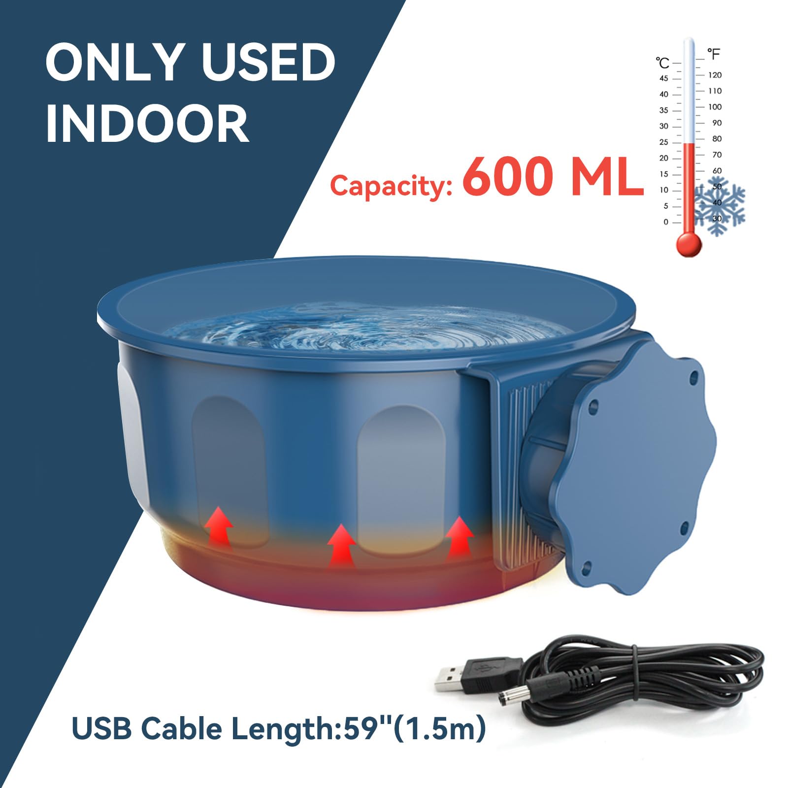 Heated Water Bowl for Cats, Rabbits & Small Dogs - 600ml (20oz) Indoor Pet Feeder with Hanging Hook - Perfect for Cages, Crates & Cold Weather Use