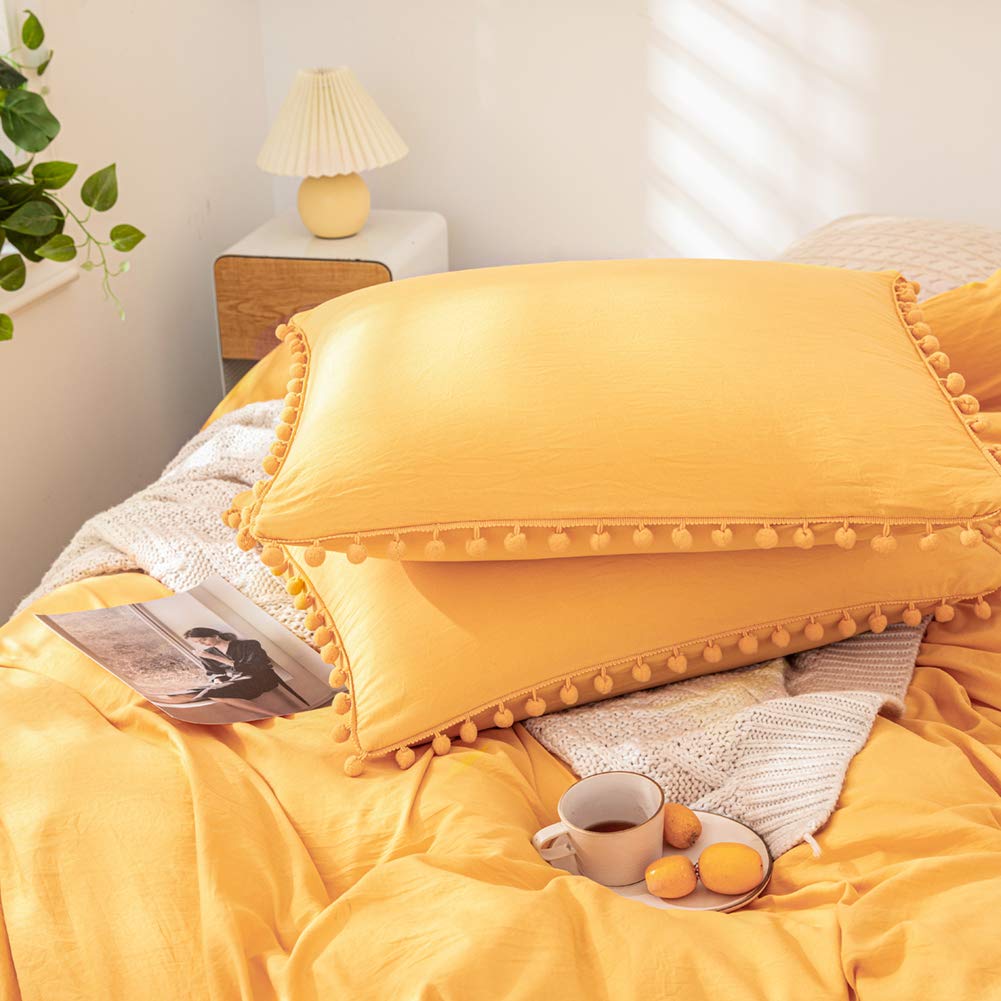Soft Washed Microfiber Boho Pillowcases Set of 2 - Queen Size Yellow Pillow Covers with Pom Pom Trim for Girls & Women | Perfect for Bedroom Decor, Boho Chic Home Styling and Cozy Living Room Accents