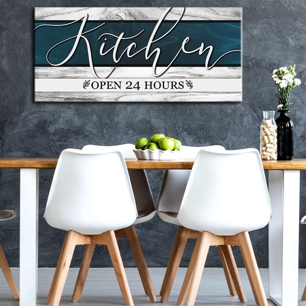 24/7 Kitchen Open Sign - Modern Farmhouse Rustic Wall Art, Large Wood Framed Canvas (42x19, Blue) - Perfect for Country Kitchen Decor & Dining Room Accent