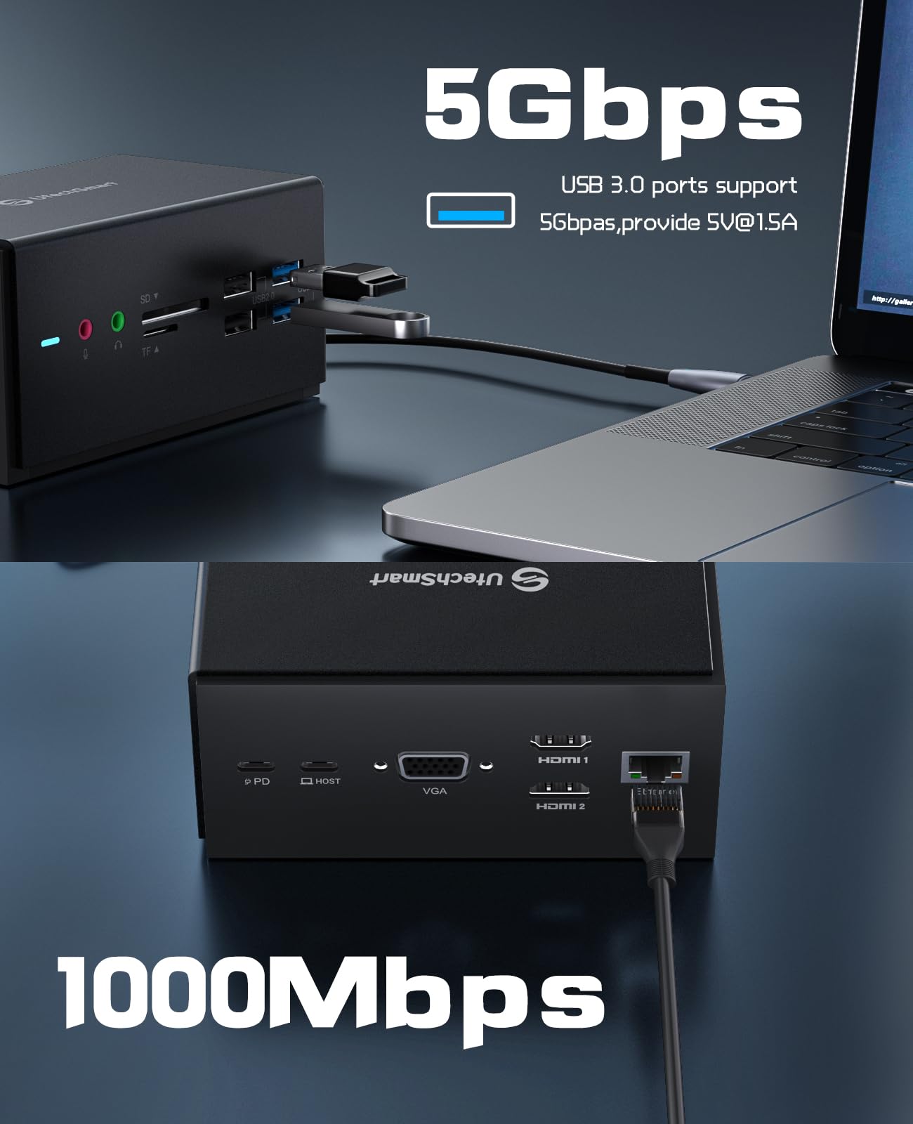 UtechSmart 14-in-1 USB C Docking Station with Triple Monitor Support - Universal Laptop Dock for MacBook & Windows - Includes 2 HDMI, VGA, 4 USB-A Ports & Cables - Perfect for Home Office, Gaming & Multi-Screen Productivity