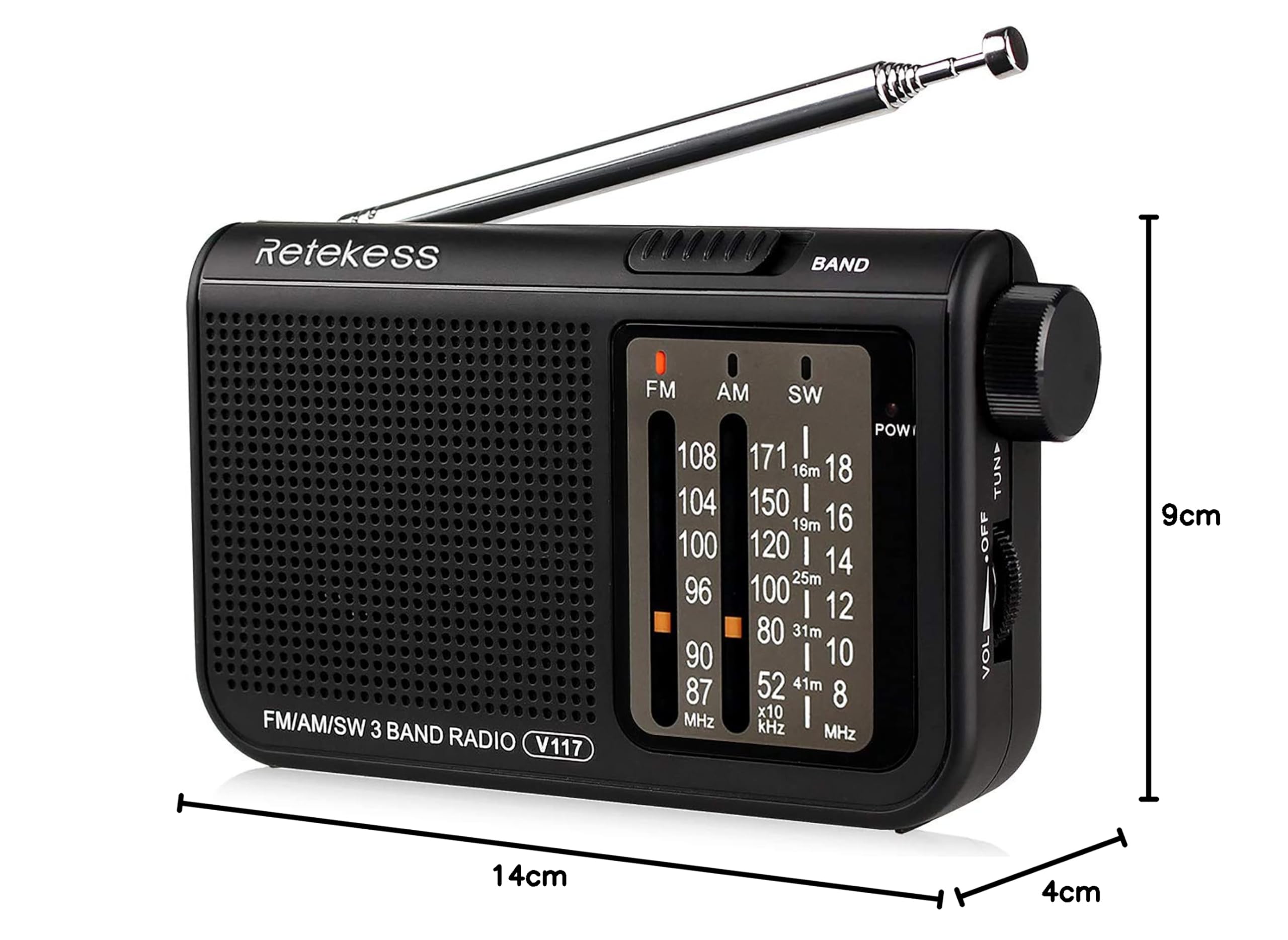 Retekess V117 Portable AM FM Shortwave Radio with Clear Dial & Best Reception - Transistor Radio for Seniors, Outdoor, Emergency, Travel (Black)
