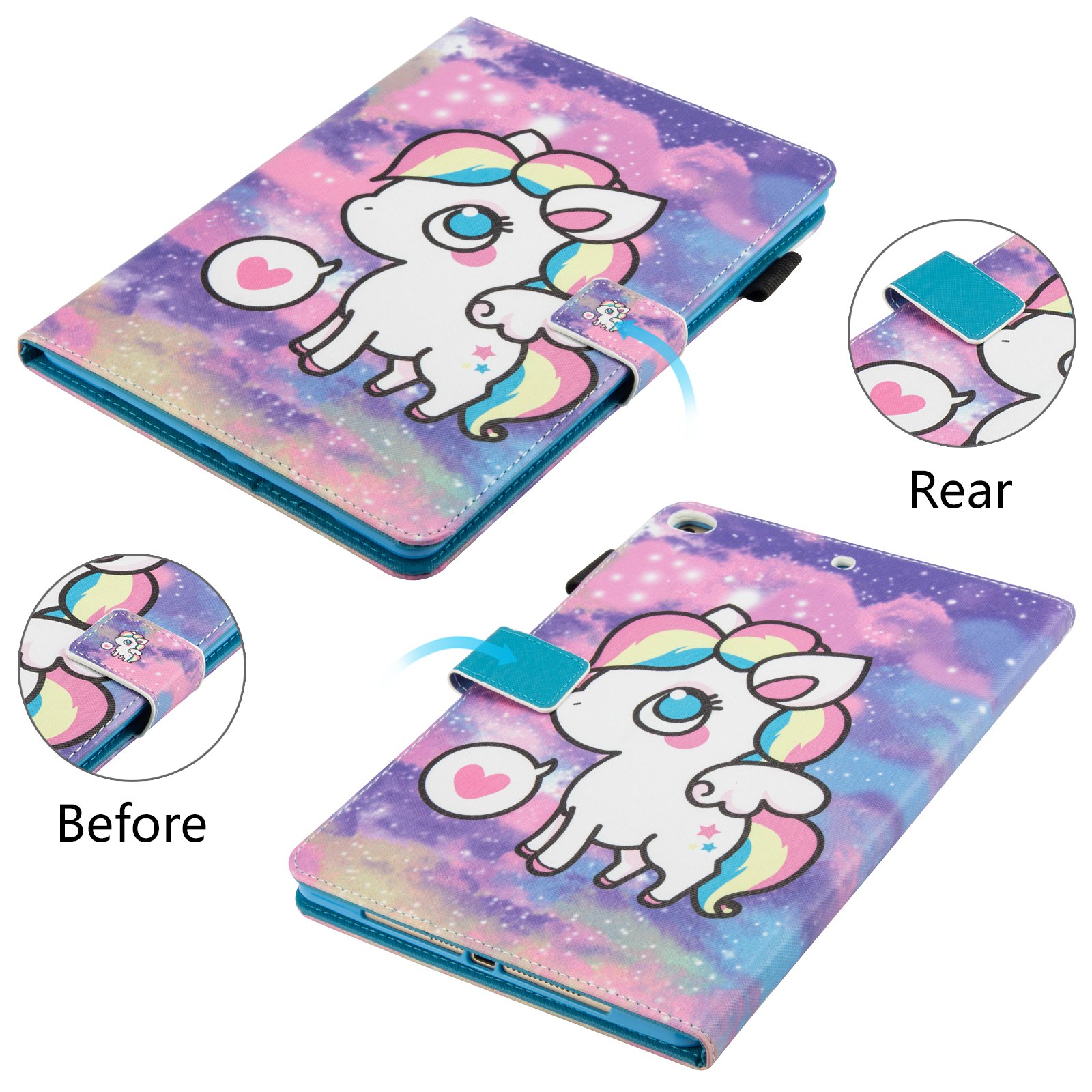 Dteck PU Leather Flip Stand Case for iPad 6th/5th Gen (2018/2017), iPad Air 2 & iPad Air (9.7 Inch) - Cute Unicorn Design Smart Cover with Card Slots | Perfect for Work, School & Travel Protection