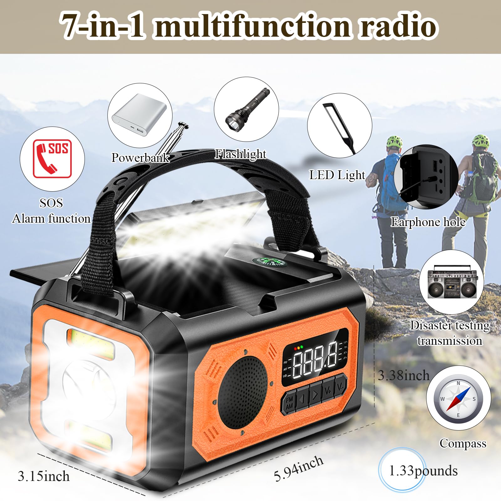 12000mAh Solar Emergency Weather Radio with NOAA Alerts - AM/FM/NOAA Weather Radio, Solar Charging, SOS Alarm, Flashlight, Phone Charger, Compass & Reading Lamp - Perfect for Camping, Hiking, and Emergency Preparedness