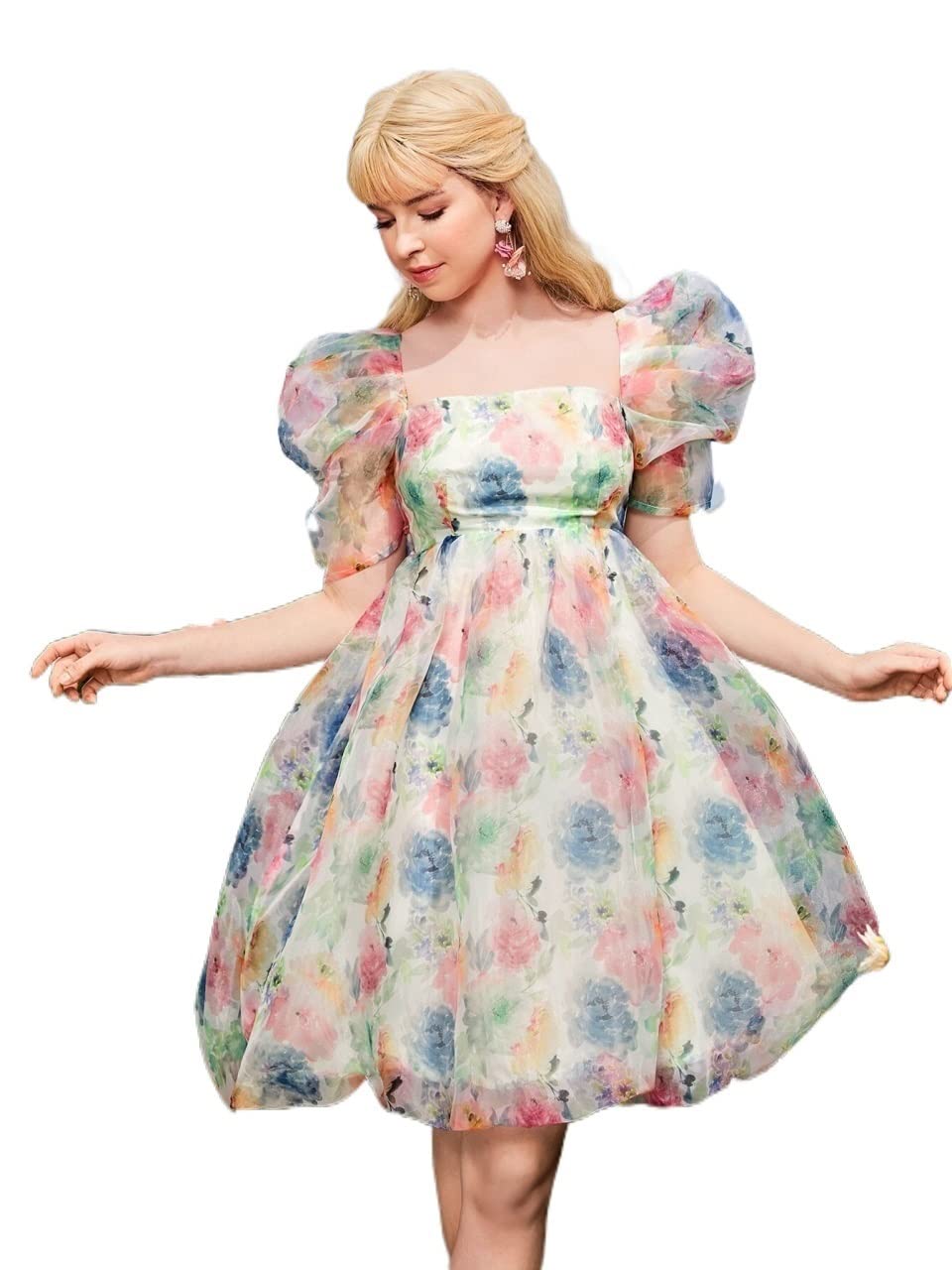 2022 Women's Summer Floral Print Puff Sleeve Tie Back Organza Dress - Elegant Casual & Beach Wear for Outdoor Parties, Vacations and Date Nights