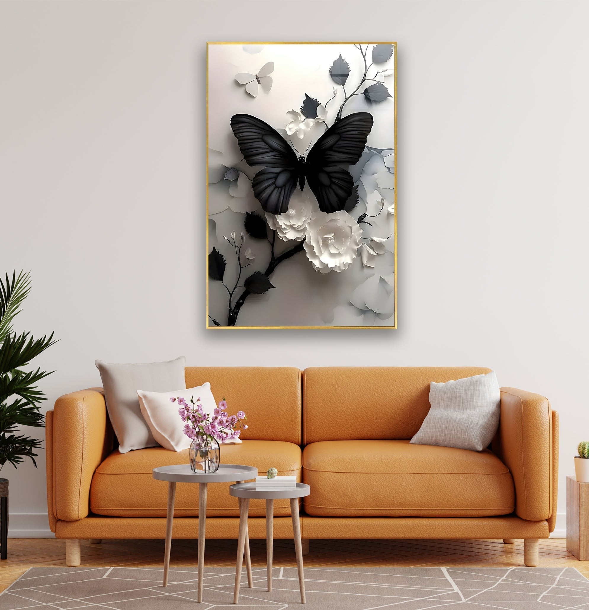 Elegant Black Butterfly & Floral Glass Wall Art - Handmade Decorative Panel for Living Room, Bedroom, or Office Decor