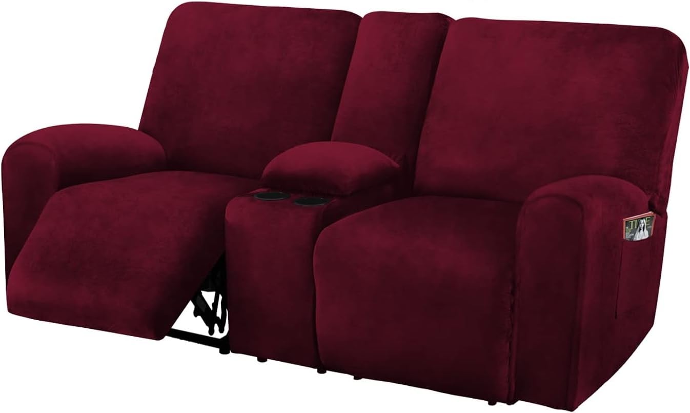 Reclining Loveseat Slipcover with Middle Console - 8-Piece Velvet Stretch Sofa Cover Set for 2-Seat Recliners | Soft, Thick & Washable Fabric | Burgundy Wine Color | Perfect for Living Room, Home Theater & Family Room Furniture Protection