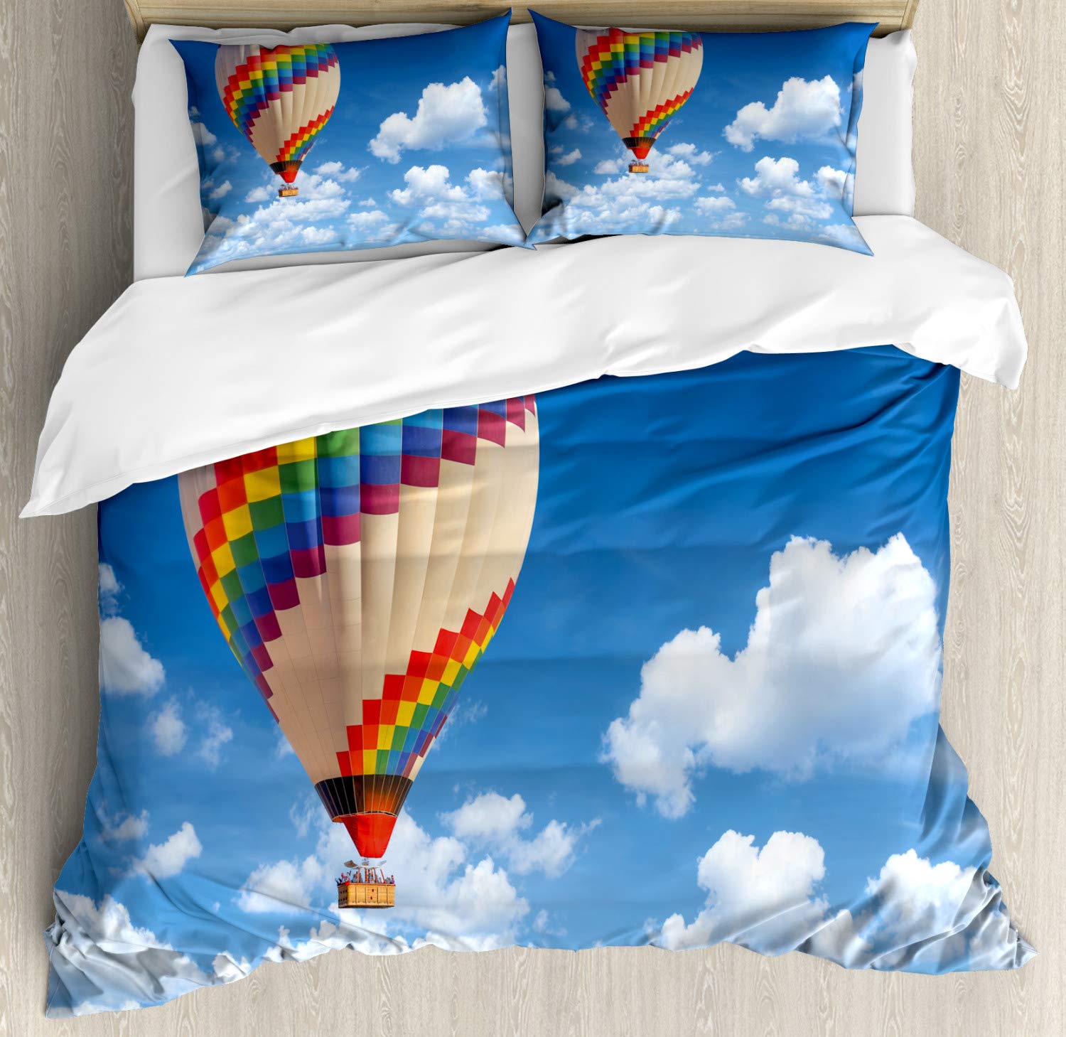 Ambesonne Blue Sky Duvet Cover Set - Colorful Hot Air Balloon Adventure Theme 3-Piece King Size Bedding with 2 Pillow Shams | Perfect for Kids' Rooms, Guest Bedrooms & Themed Decor | Multicolor