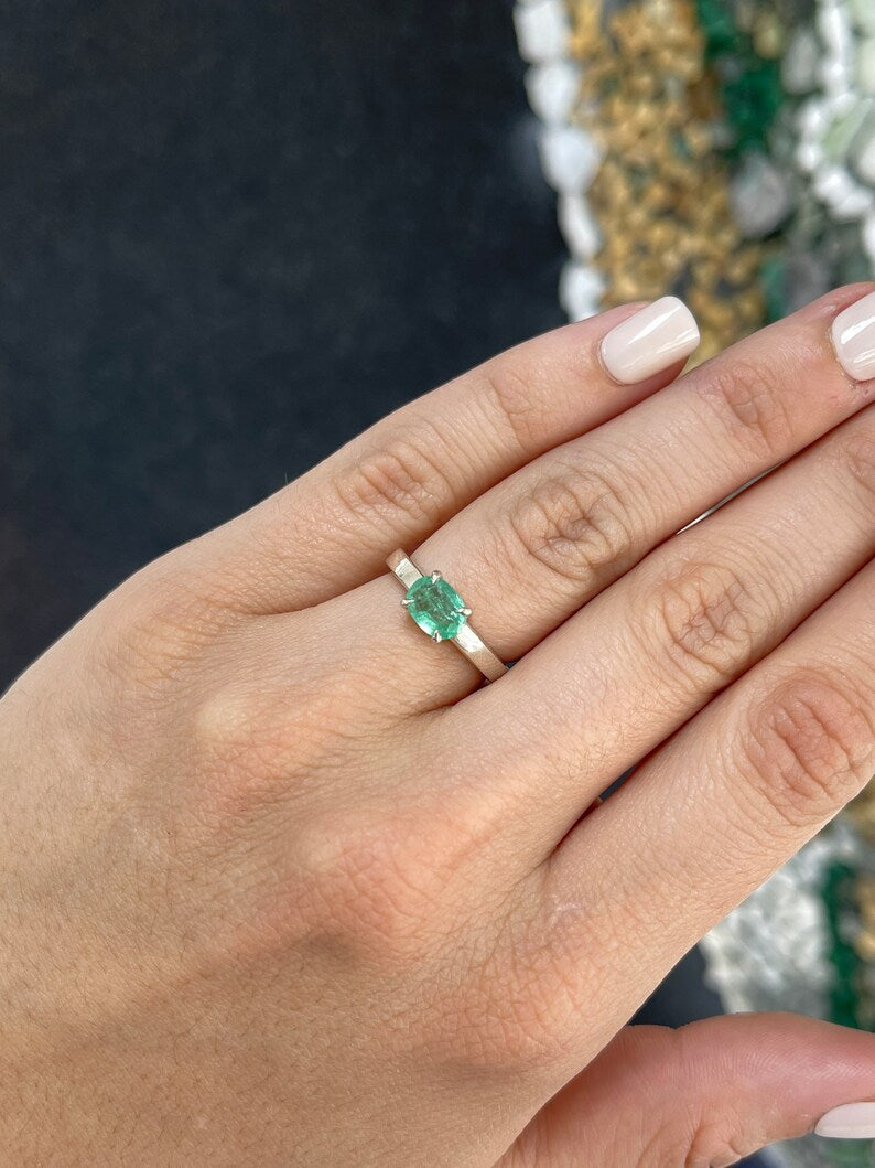 1.10ct Sterling Silver Oval Cut Emerald East to West Solitaire Ring for Women - Elegant Wedding, Engagement & Anniversary Jewelry Gift