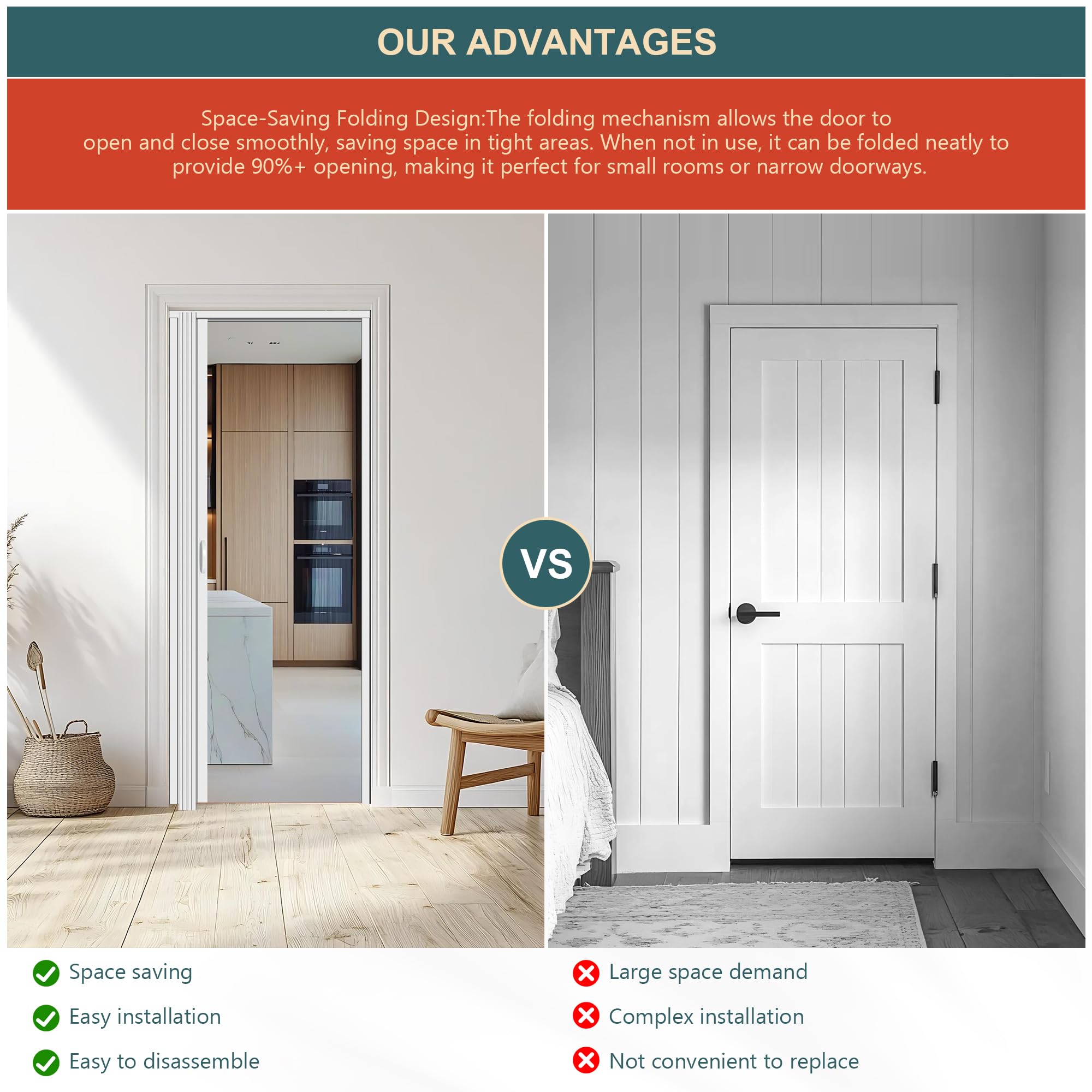 CCBOYSHARDWARE 48x80 Inch White Interior Accordion Door - Easy Install Folding Closet Door with Hardware Kit | Perfect for Bedrooms, Closets & Room Dividers