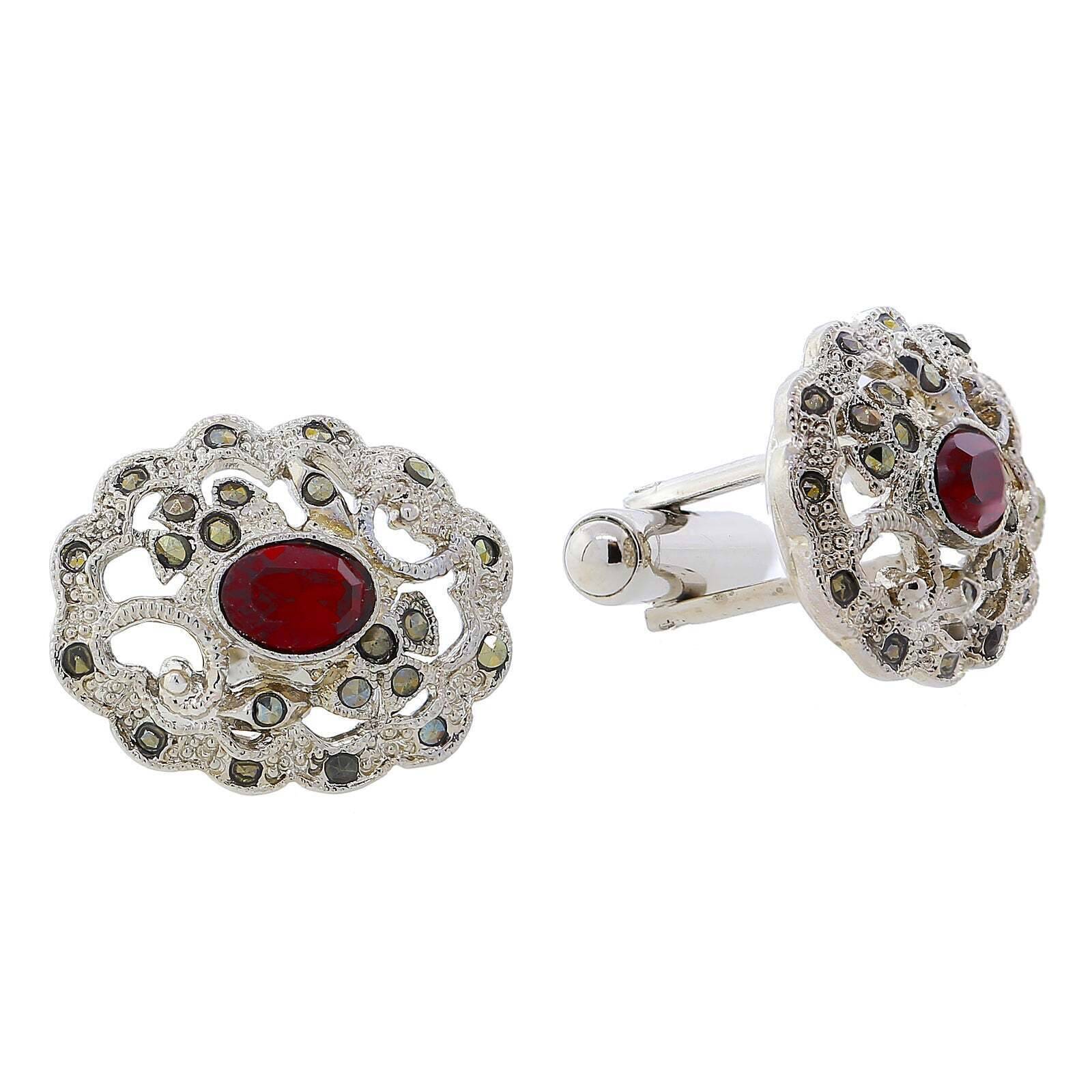 Vintage Inspired 1928 Jewelry Marcasite Stones & Siam Red Crystal Cufflinks for Men - Perfect for Weddings, Formal Events, and Special Occasions
