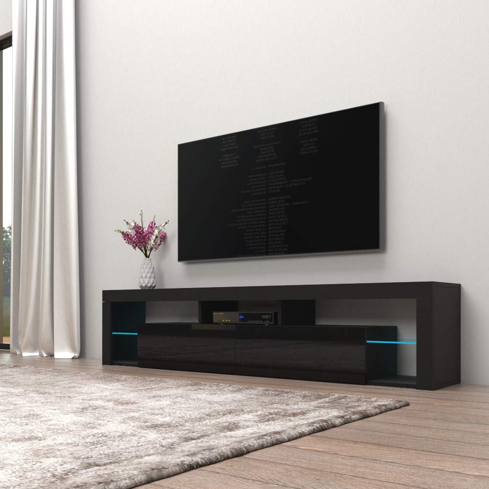 Modern Floating TV Stand Milano 200 - High Gloss Wall Mounted Entertainment Center with LED Lights & Storage Cabinets - Fits TVs Up to 90 Inches - Black - Perfect for Living Room, Bedroom & Home Theater Setup