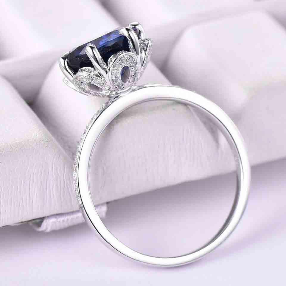 7mm Round Cut Sapphire Engagement Ring in 14k White Gold with Diamond Band - Half Eternity Bridal Wedding Ring, Birthstone Gift, Pave Set Art Deco Halo - Perfect for Proposals, Anniversaries & Special Occasions