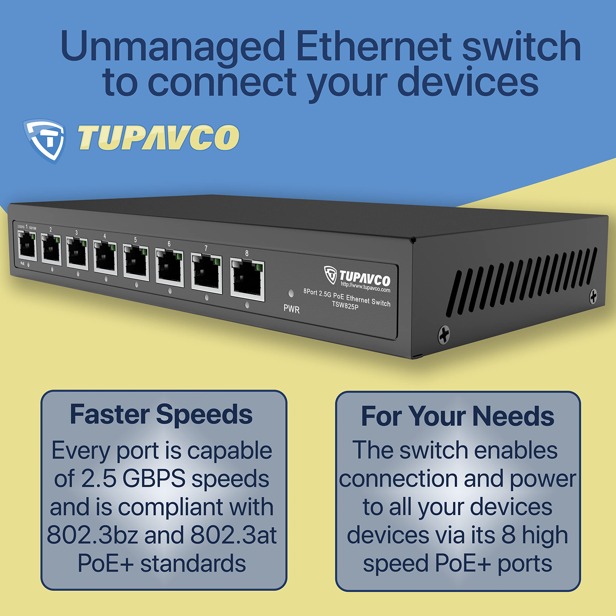 2.5GB PoE++ Switch (8 Port) - 1x90W (802.3bt) & 7x30W (802.3at) - High Speed 10M/100M/1G/2.5G Gigabit Ethernet (802.3bz) - Unmanaged Network Switch for Home & Office - Tupavco TP1981 - Perfect for IP Cameras, VoIP Phones & Smart Devices