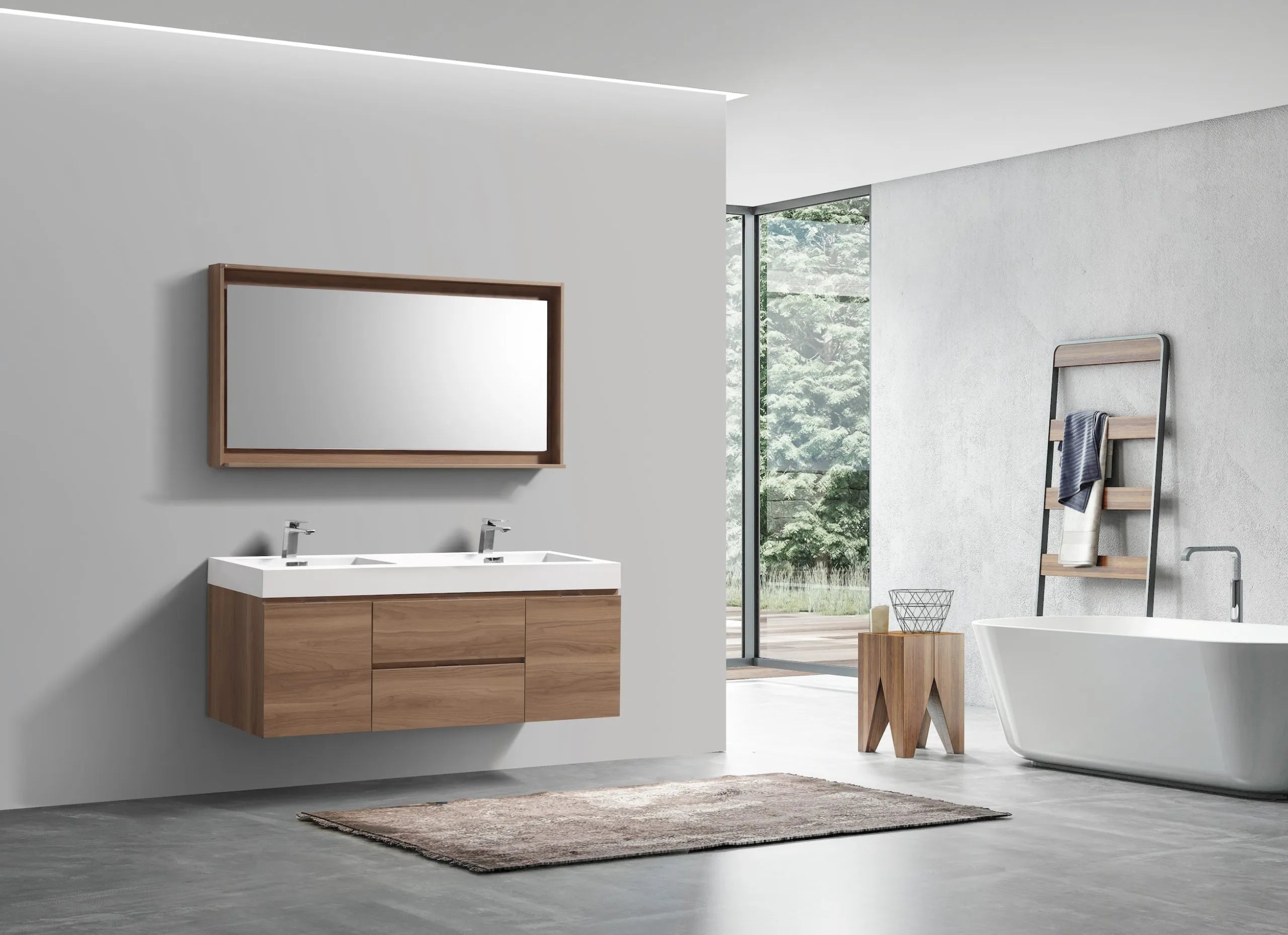 BSL60 Honey Oak Double Sink Wall Mount Bathroom Vanity - Modern Space-Saving Storage Solution for Small Bathrooms & Powder Rooms