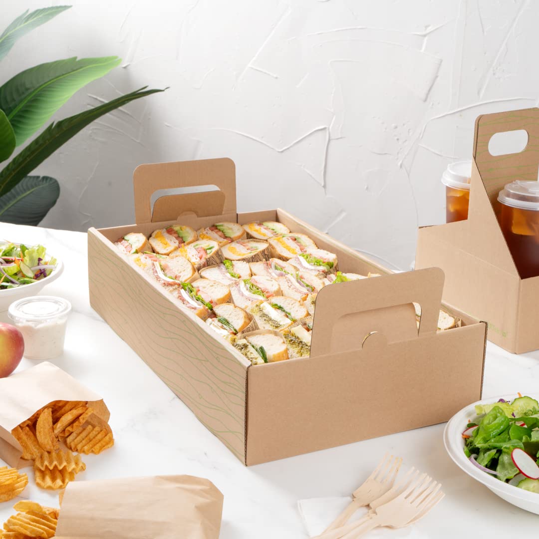 Restaurantware Cater Tek 19.68 x 11.85 x 4.25 Inch Disposable Kraft & Green Paper Catering Trays - 10 Greaseproof Food Containers with Lids & Cut-Out Handles - Perfect for Charcuterie Boards, Party Platters & Catering Events