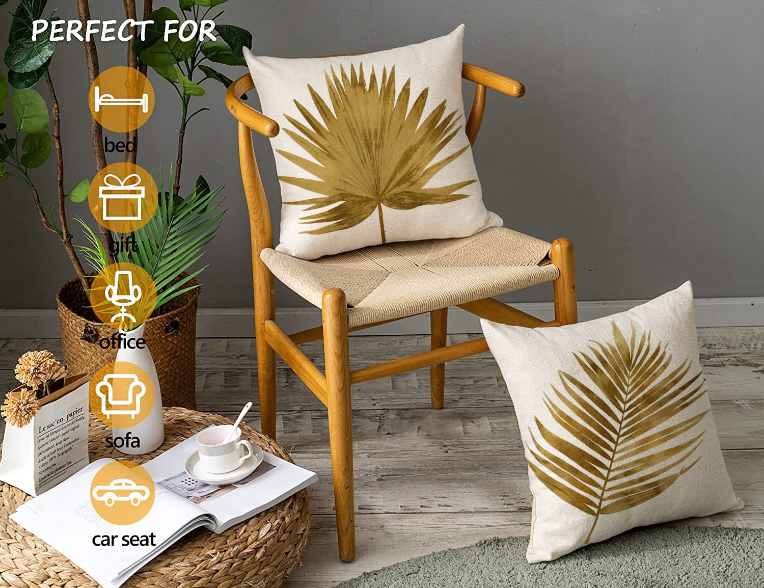 Waterproof Outdoor Throw Pillow Covers 18x18 Inch Set of 4 - Tropical Gold Palm Leaf Design, Cotton Linen Cushion Cases for Patio, Garden, and Living Room Decor
