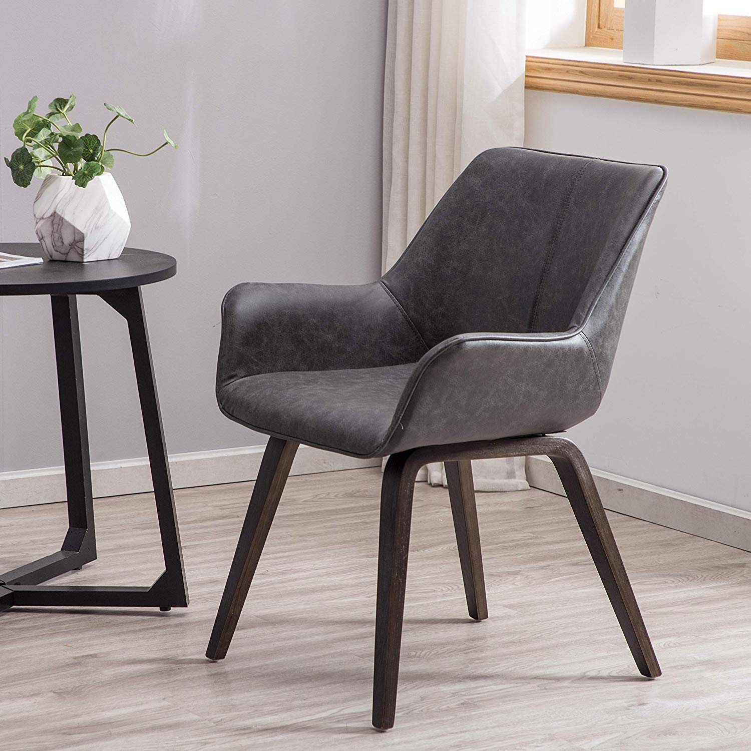 Modern Charcoal PU Leather Accent Chairs Set of 2 - Contemporary Living Room Armchairs & Dining Room Side Chairs - Perfect for Small Spaces, Apartments & Home Offices