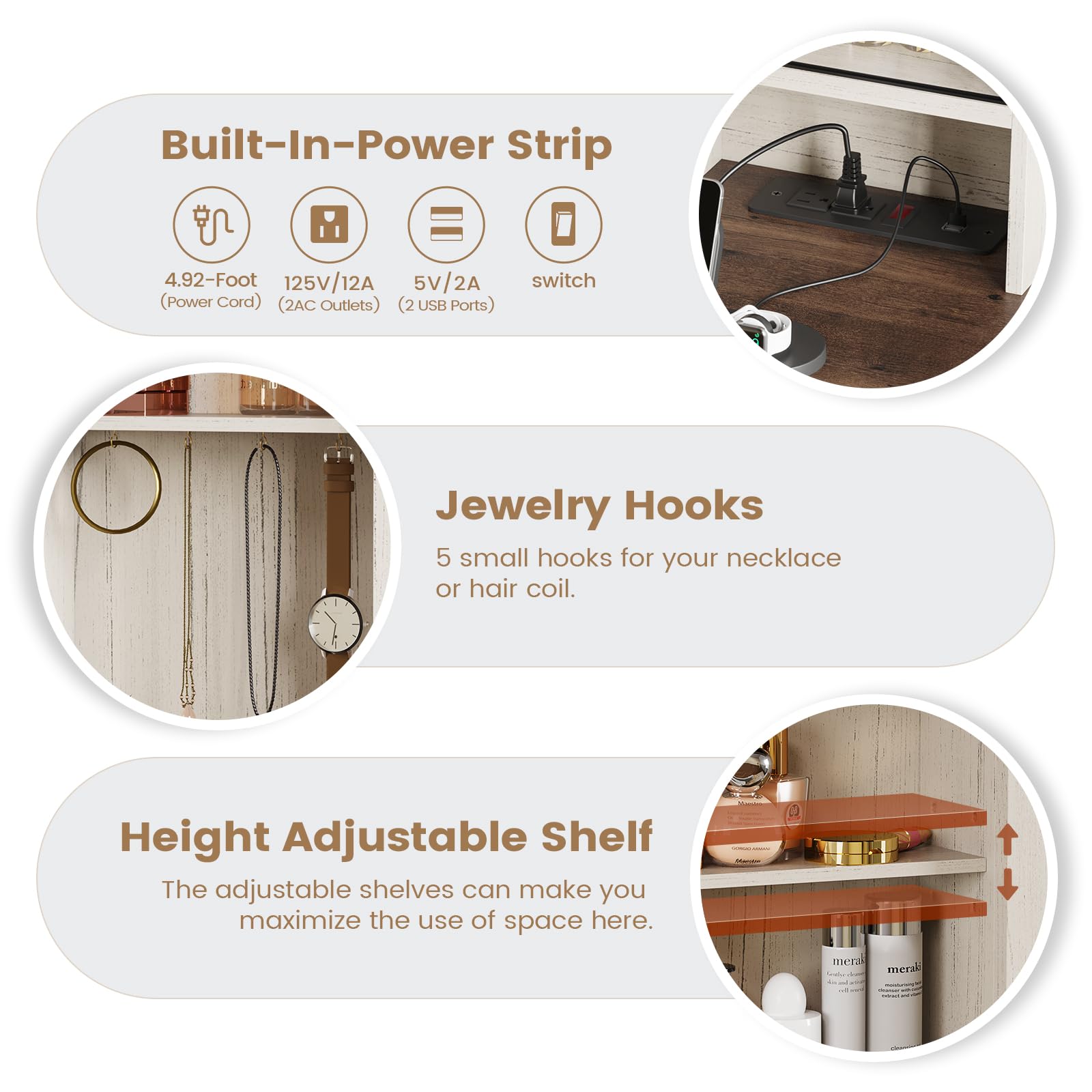 AOGLLATI Farmhouse White Makeup Vanity with LED Lights & Barn Doors - Vanity Desk with Mirror, Charging Station, Jewelry Hooks & Open Storage Shelves - Perfect for Bedroom, Dressing Room & Home Beauty Station