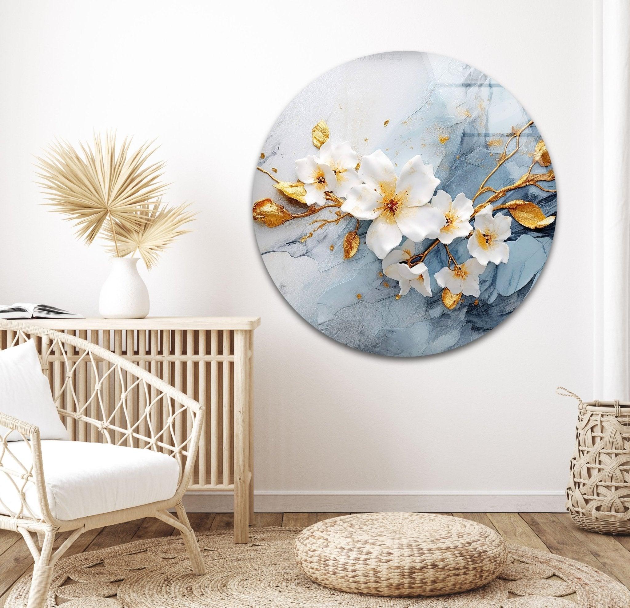 Alcohol Ink White Flower Glass Wall Art - Handmade Modern Home Decor for Living Room, Bedroom & Office - Unique Gift Idea